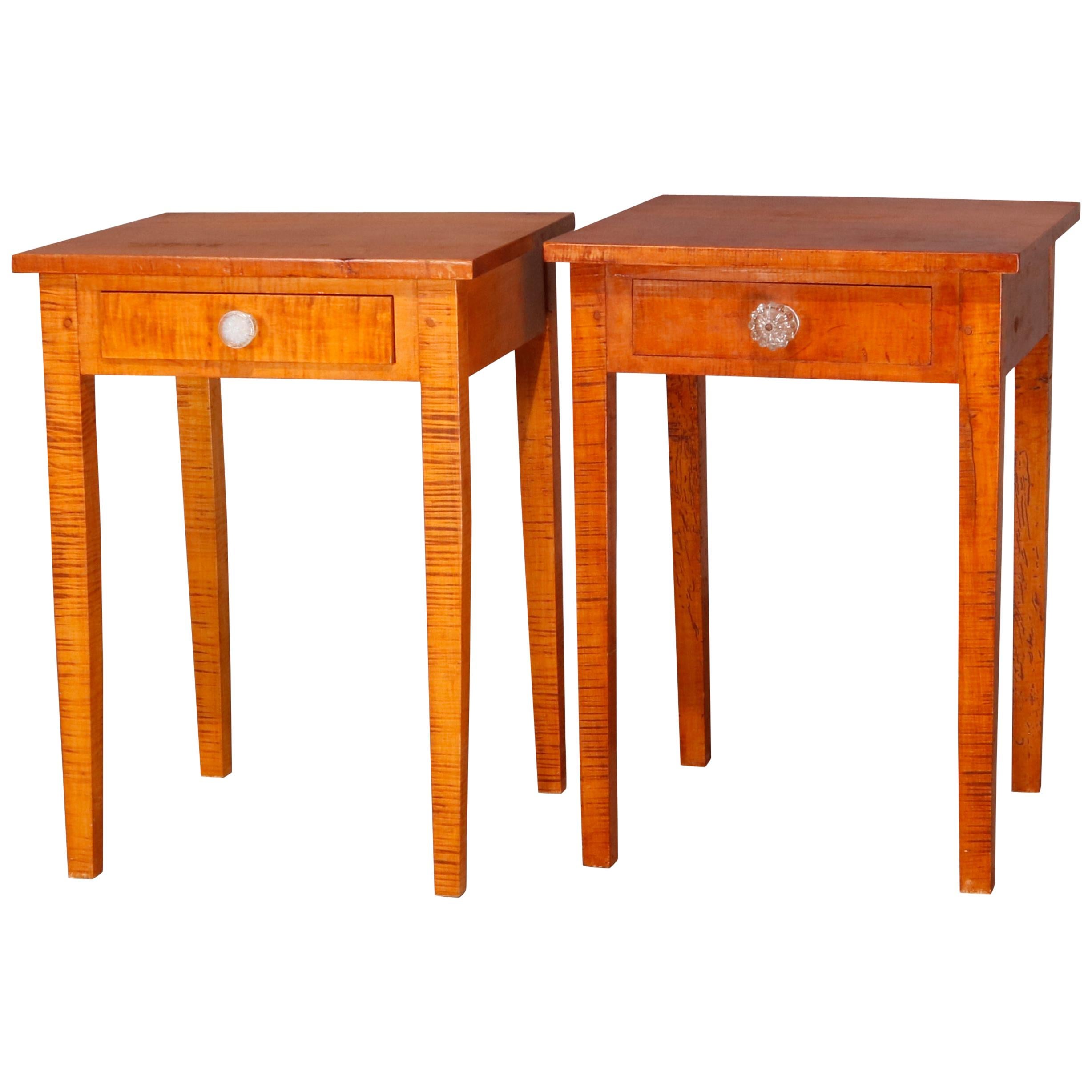 Pair of Hepplewhite Style Tiger Maple Single Drawer End Stands, 20th Century