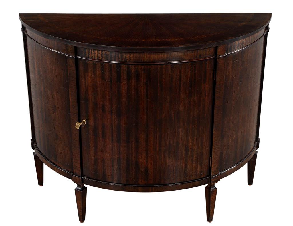 Pair of Hepplewhite Zebrano Demi Lune Commodes chests. Beautiful detailed zebrano wood grains with unique circular pattern on fronts. Commode features dark stain finish with single shelf storage compartment. Price includes complimentary curb side