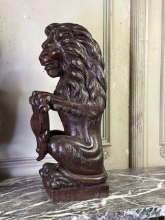 Pair Of Heraldic Lions, Oak Sculptures, 19th Century