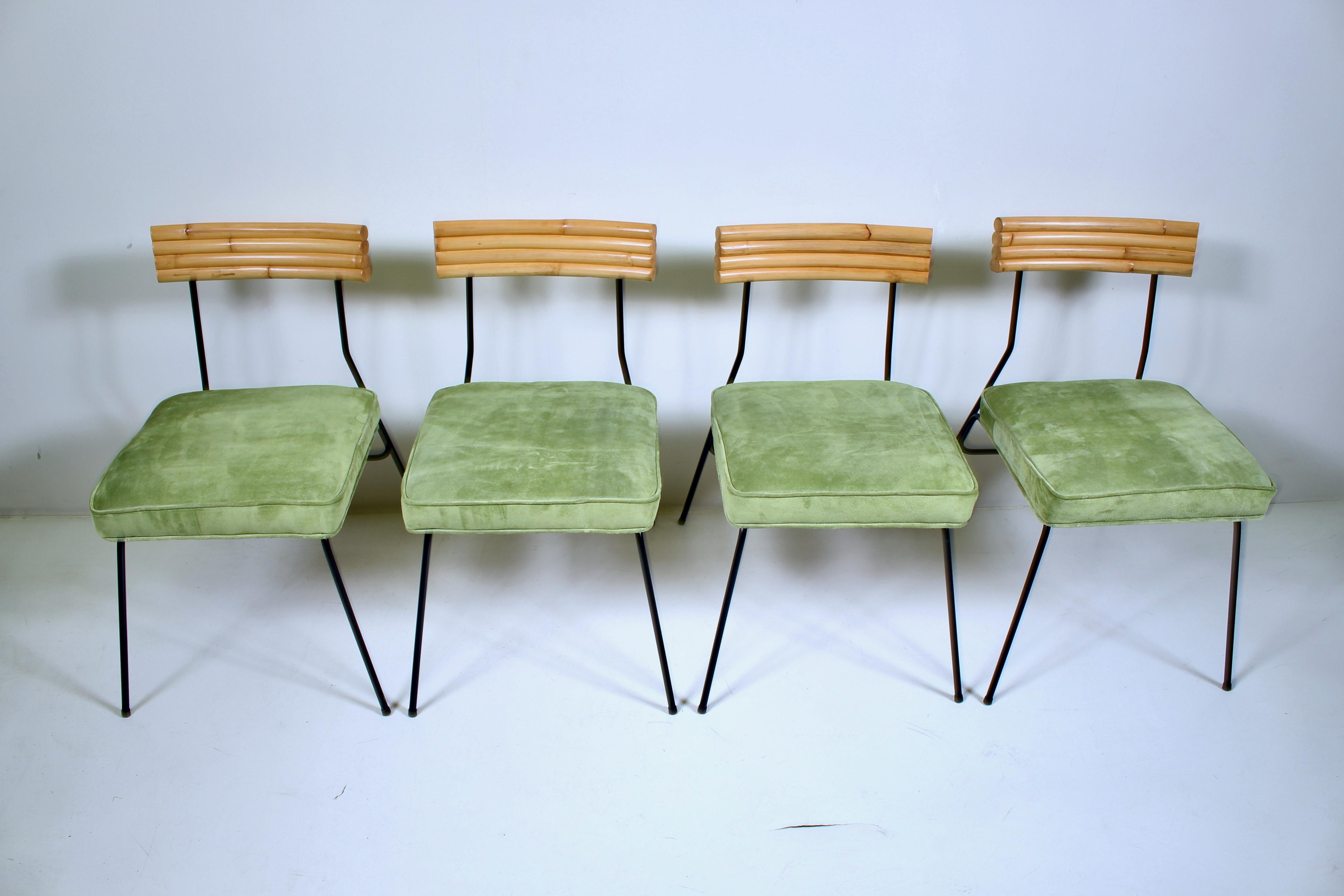 Set of Four Herbert and Shirley Ritts Wroughtan Inc. Wrought Iron, Leather & Bamboo Dining Side Chairs.  Featuring a sturdy black enameled wrought iron framework, ergonomic curved steam bent bamboo four rod back, newly reupholstered Light Green,