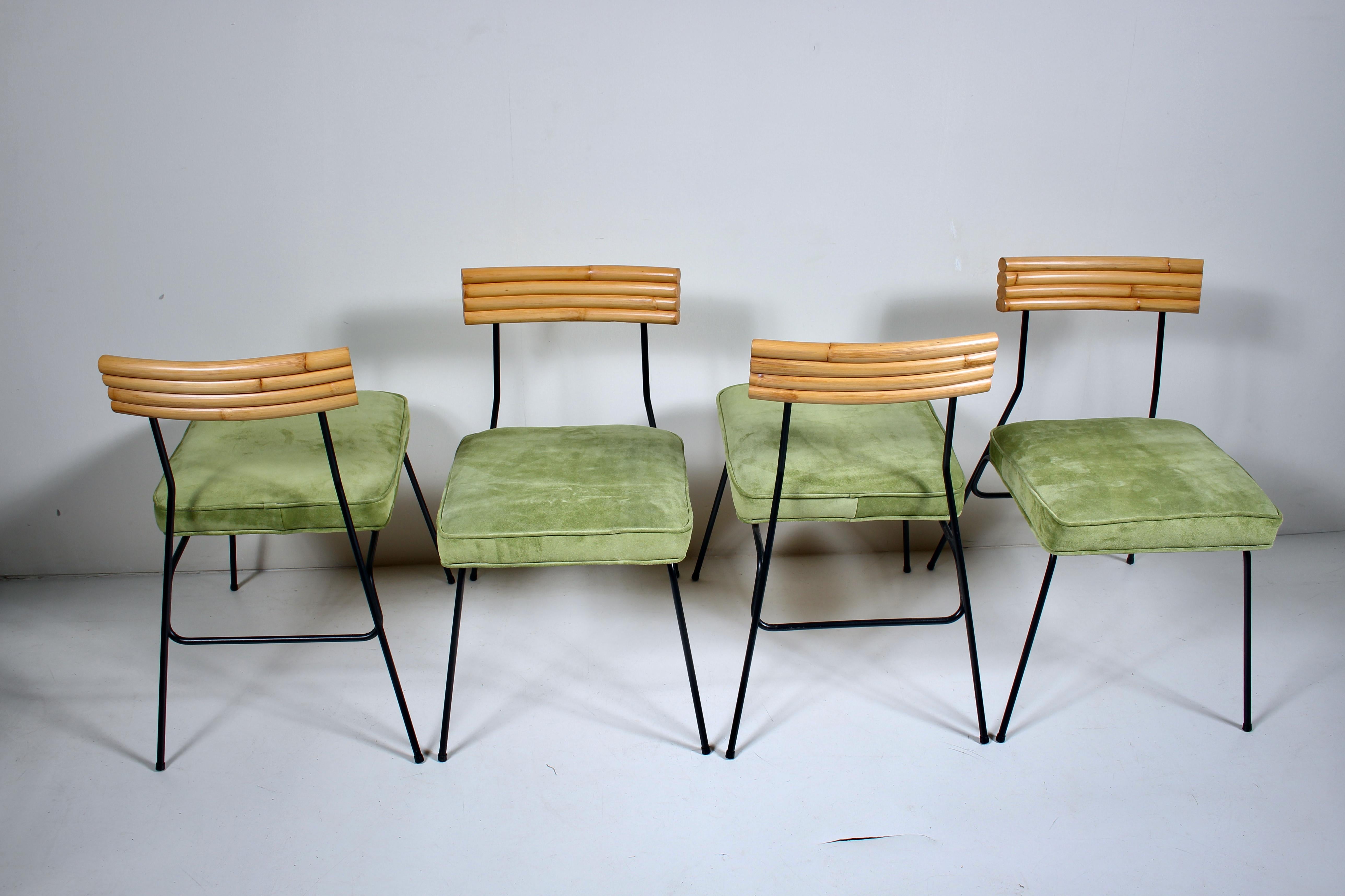 Mid-Century Modern Set of 4 Herb & Shirley Ritts Iron, Bamboo & Suede Dining Side Chairs, 1950s For Sale