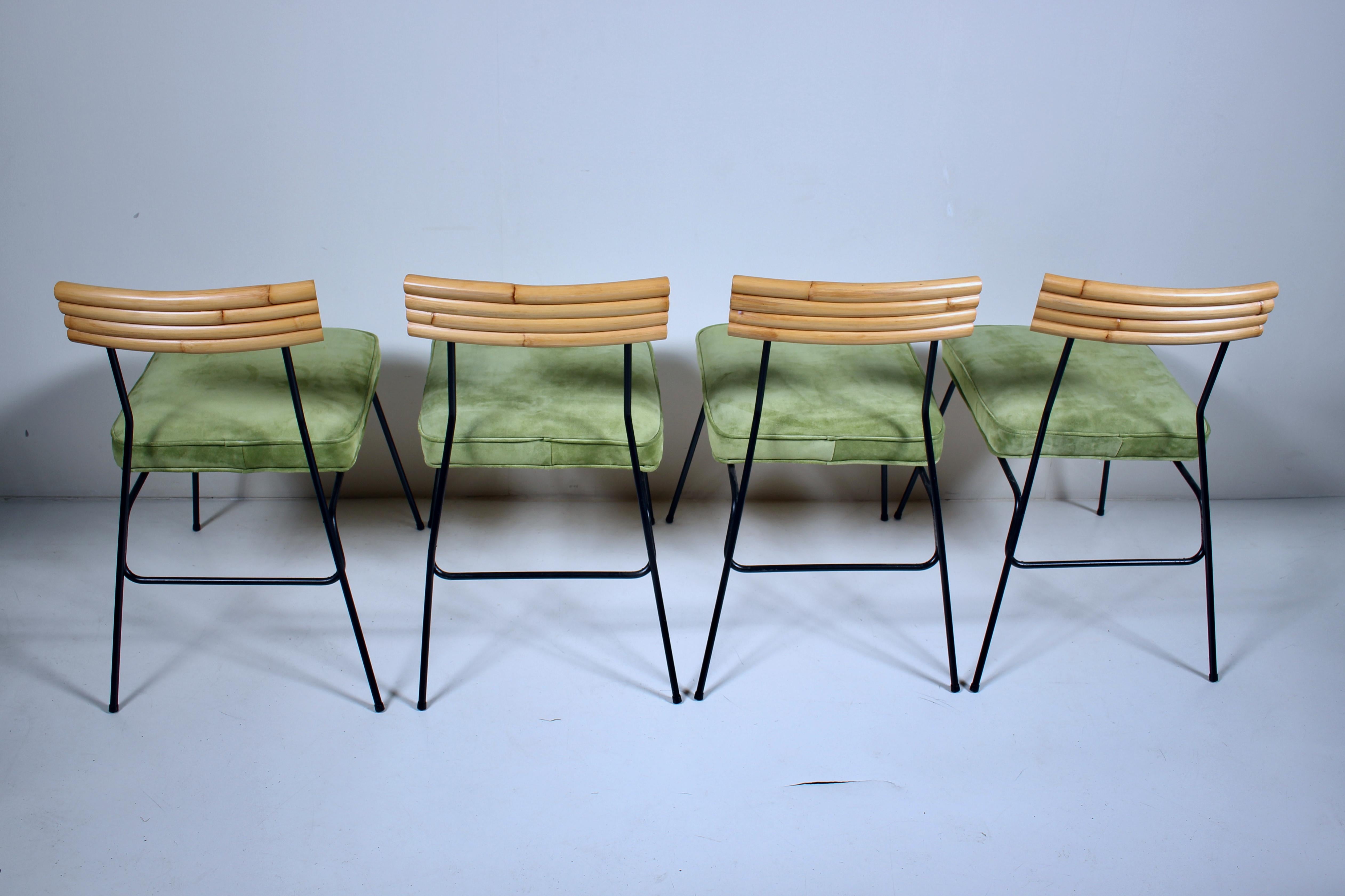 Américain Ensemble de 4 chaises d'appoint en fer, bambou et daim Herb & Shirley Ritts, années 1950 en vente
