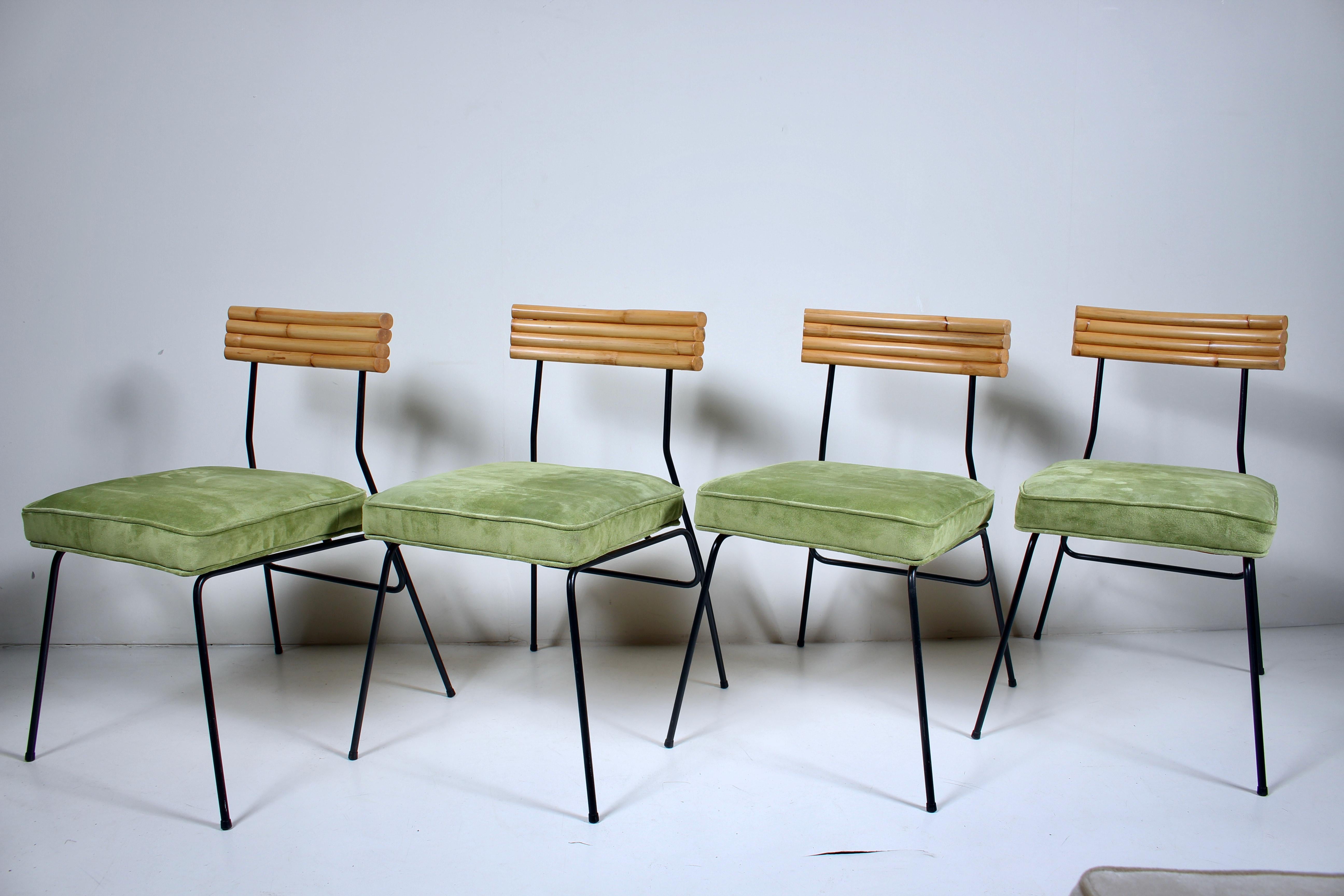 Enameled Set of 4 Herb & Shirley Ritts Iron, Bamboo & Suede Dining Side Chairs, 1950s For Sale