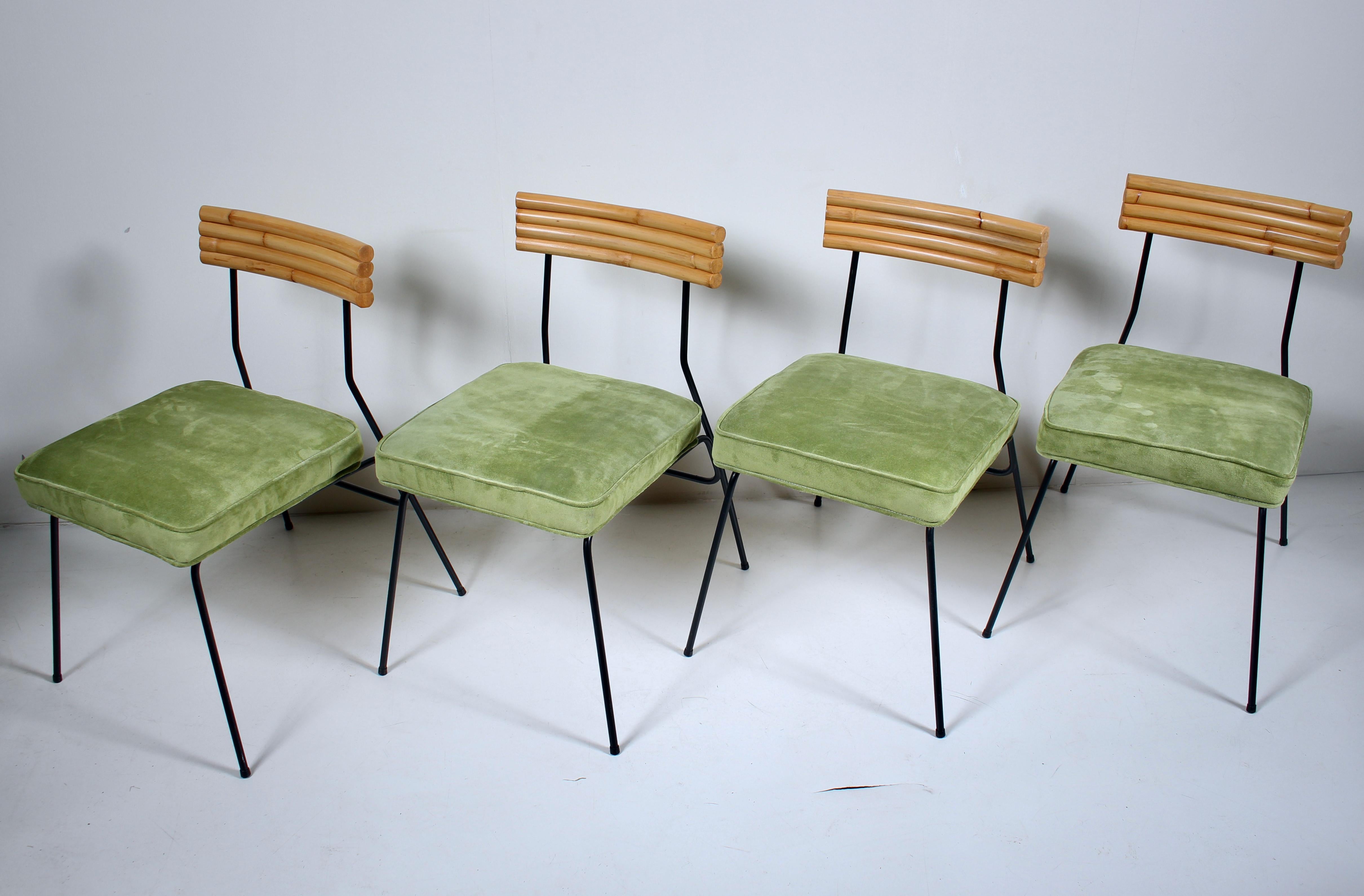 Set of 4 Herb & Shirley Ritts Iron, Bamboo & Suede Dining Side Chairs, 1950s In Good Condition For Sale In Bainbridge, NY
