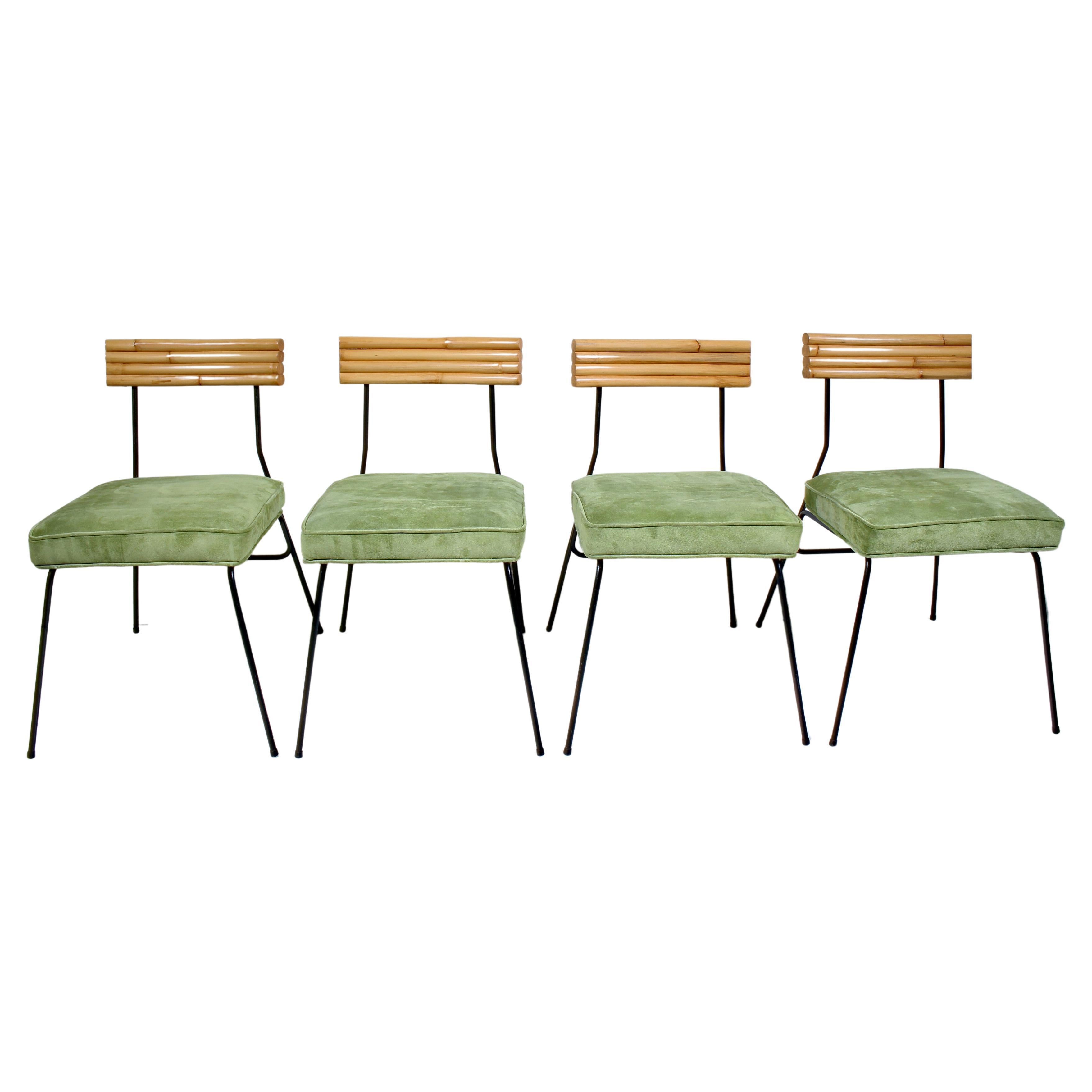 Set of 4 Herb & Shirley Ritts Iron, Bamboo & Suede Dining Side Chairs, 1950s For Sale