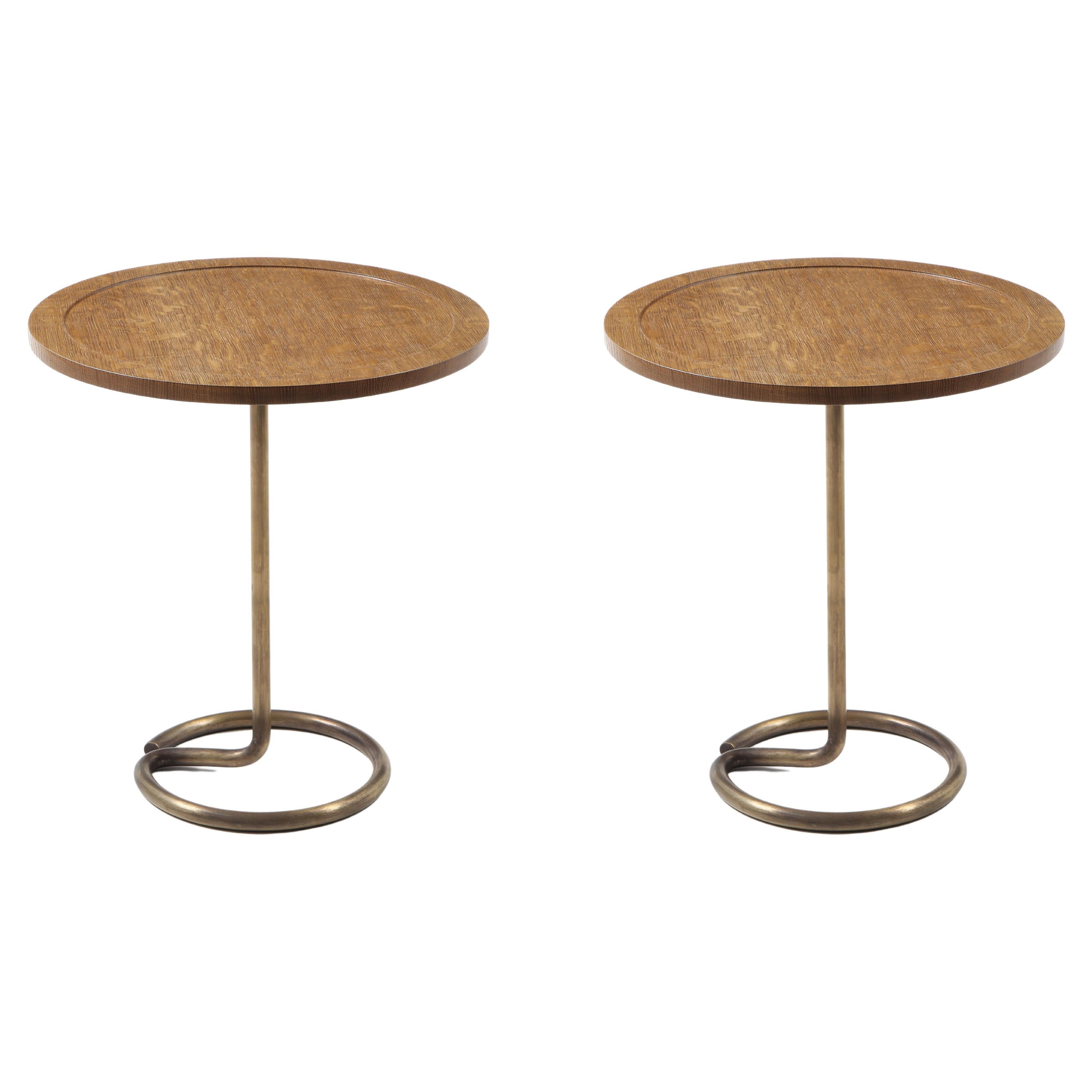 Herbst for Stablet Pair of Side Tables in Brass & Oak, France 1950's For Sale