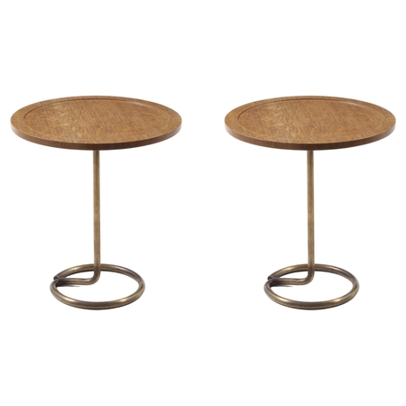 Herbst for Stablet Pair of Side Tables in Brass & Oak, France 1950's