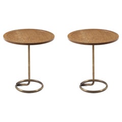Herbst for Stablet Pair of Side Tables in Brass & Oak, France 1950's