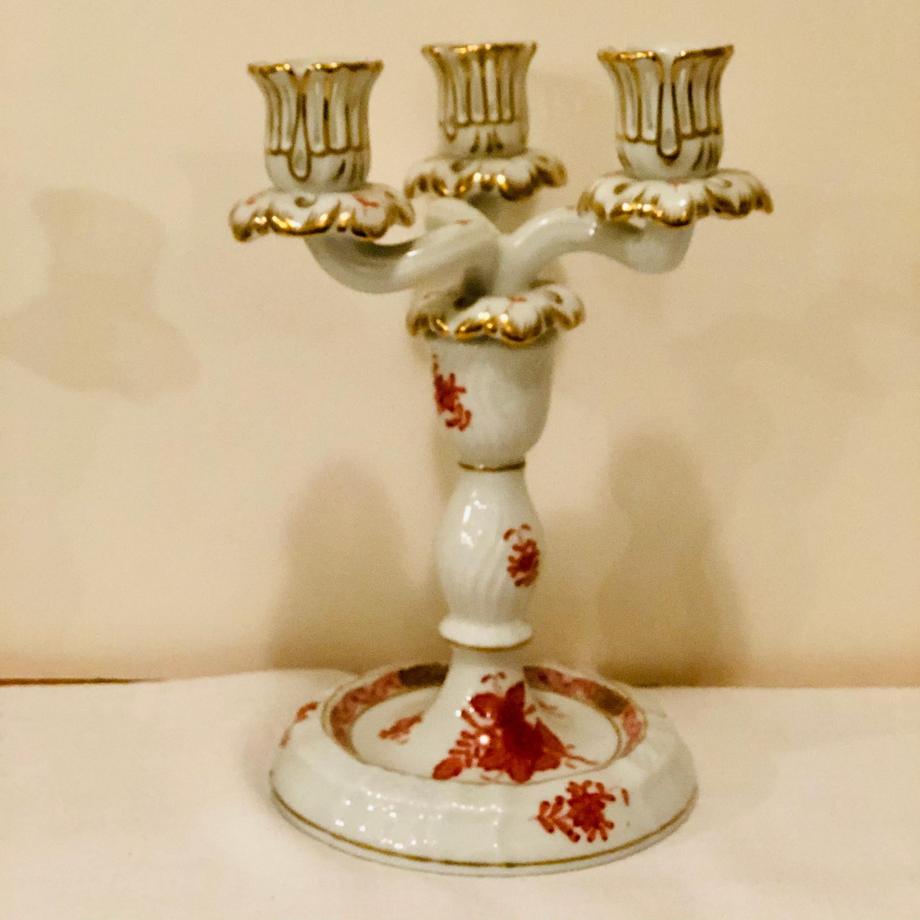 Rococo Pair of Herend Chinese Bouquet Candelabras in Rust/ Apponyi Orange Design