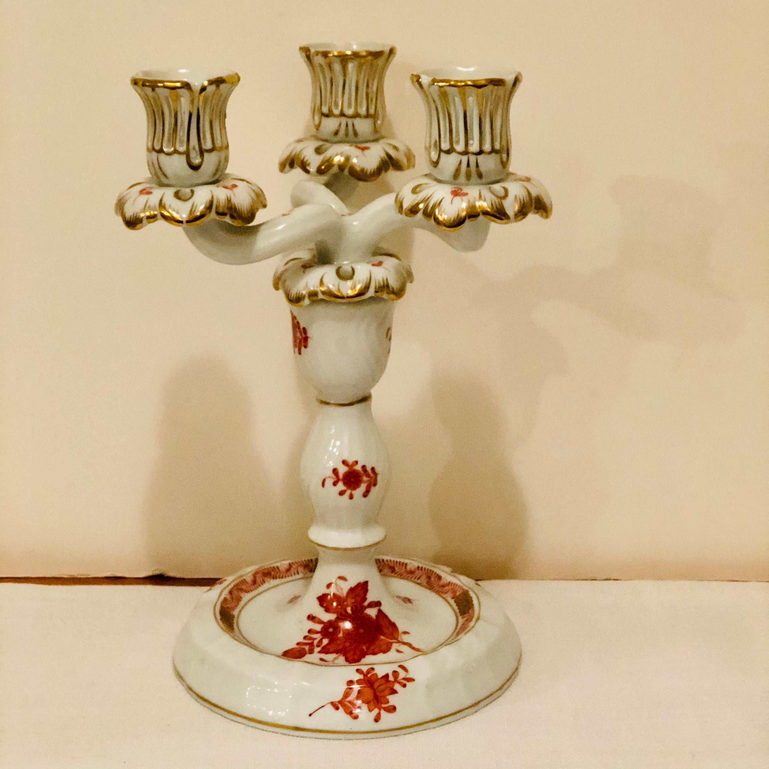 Hungarian Pair of Herend Chinese Bouquet Candelabras in Rust/ Apponyi Orange Design