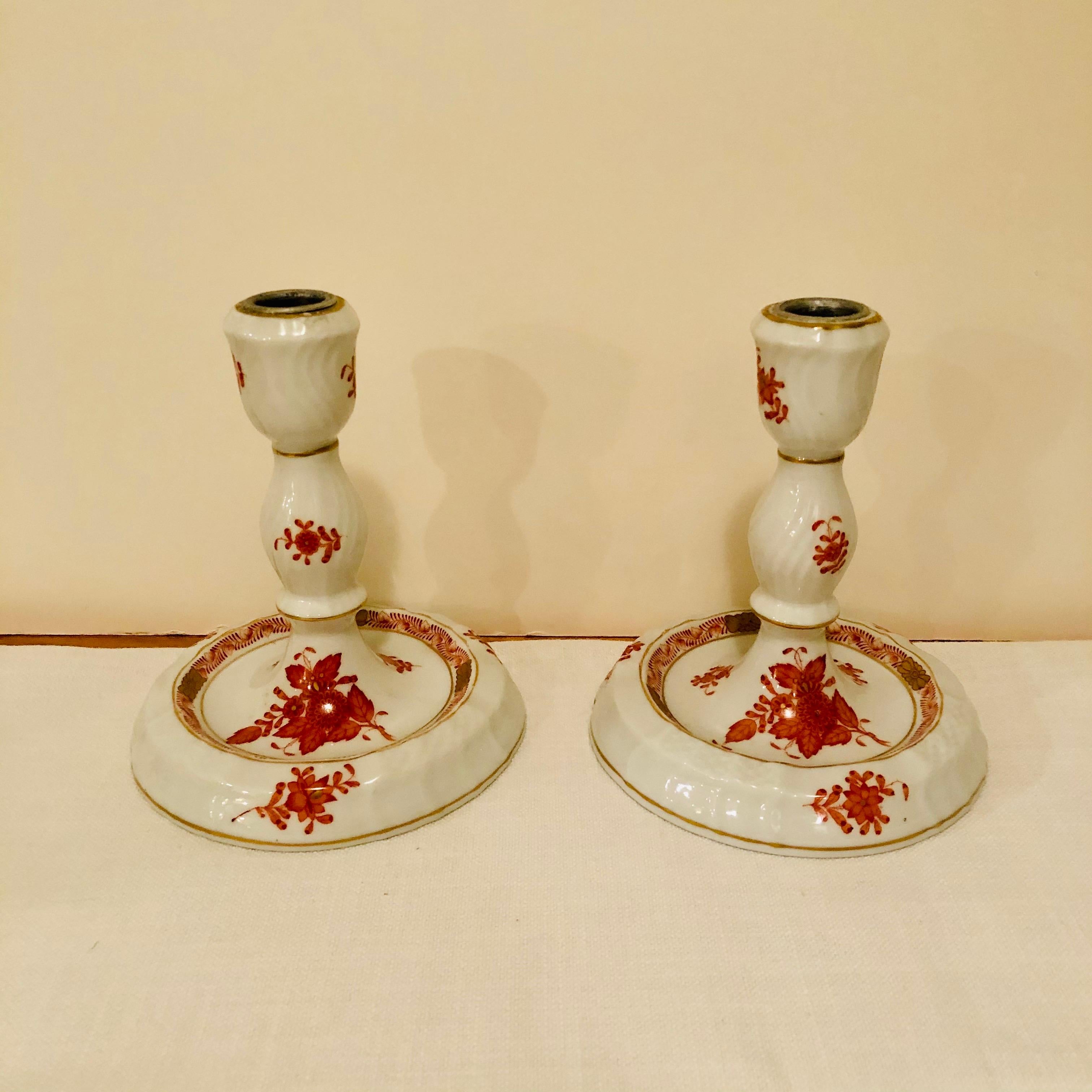 Pair of Herend Chinese Bouquet Candelabras in Rust/ Apponyi Orange Design In Good Condition In Boston, MA