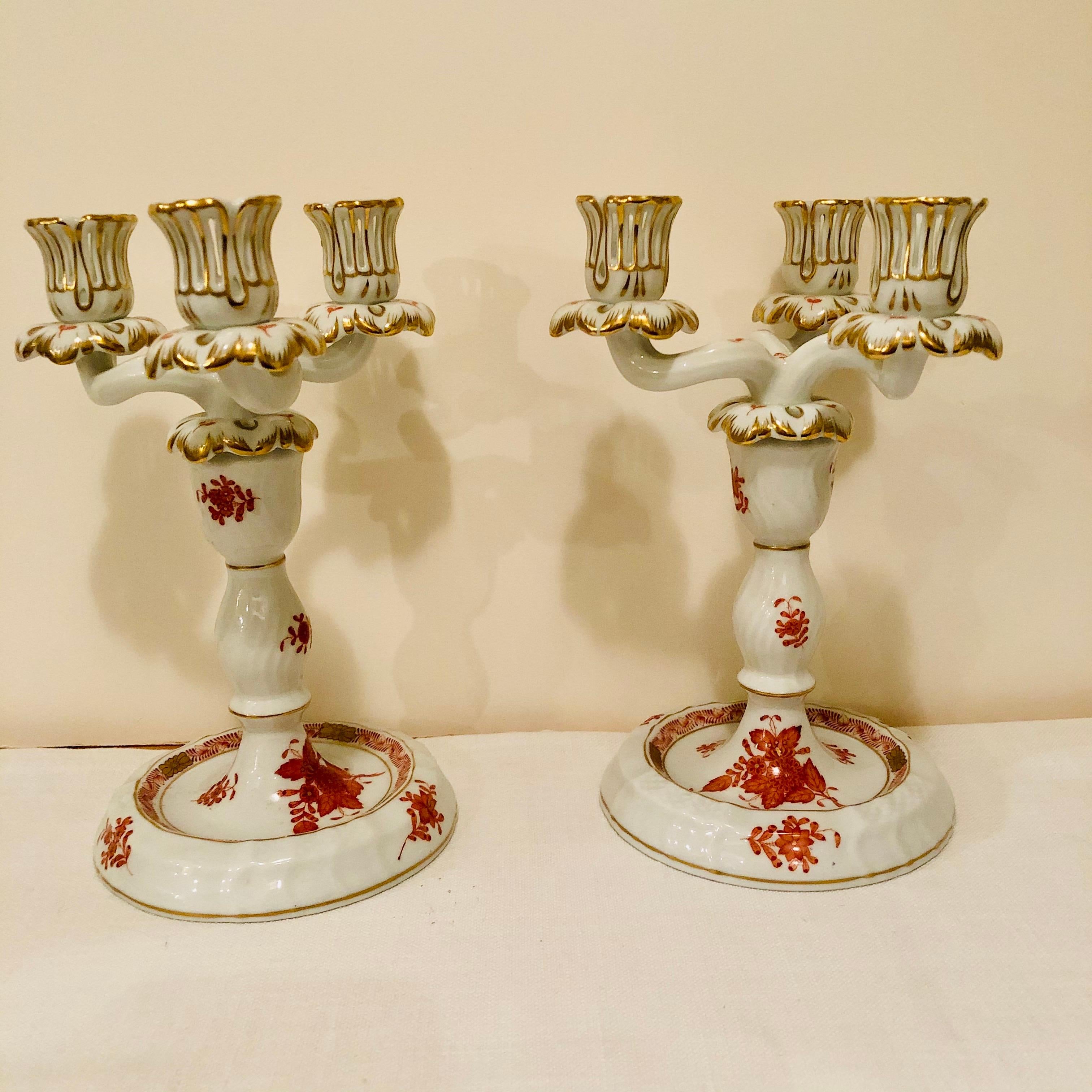 Porcelain Pair of Herend Chinese Bouquet Candelabras in Rust/ Apponyi Orange Design