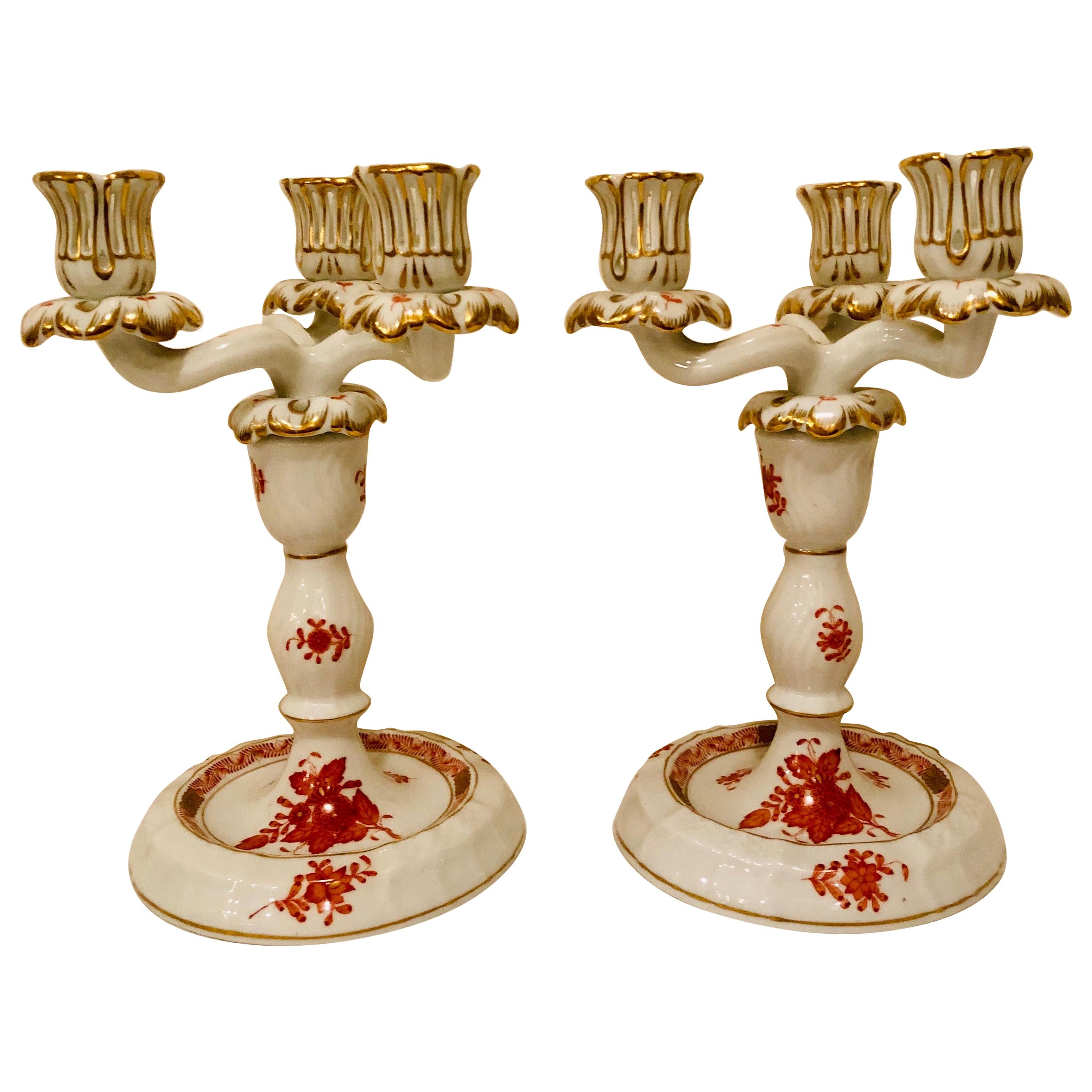 Pair of Herend Chinese Bouquet Candelabras in Rust/ Apponyi Orange Design