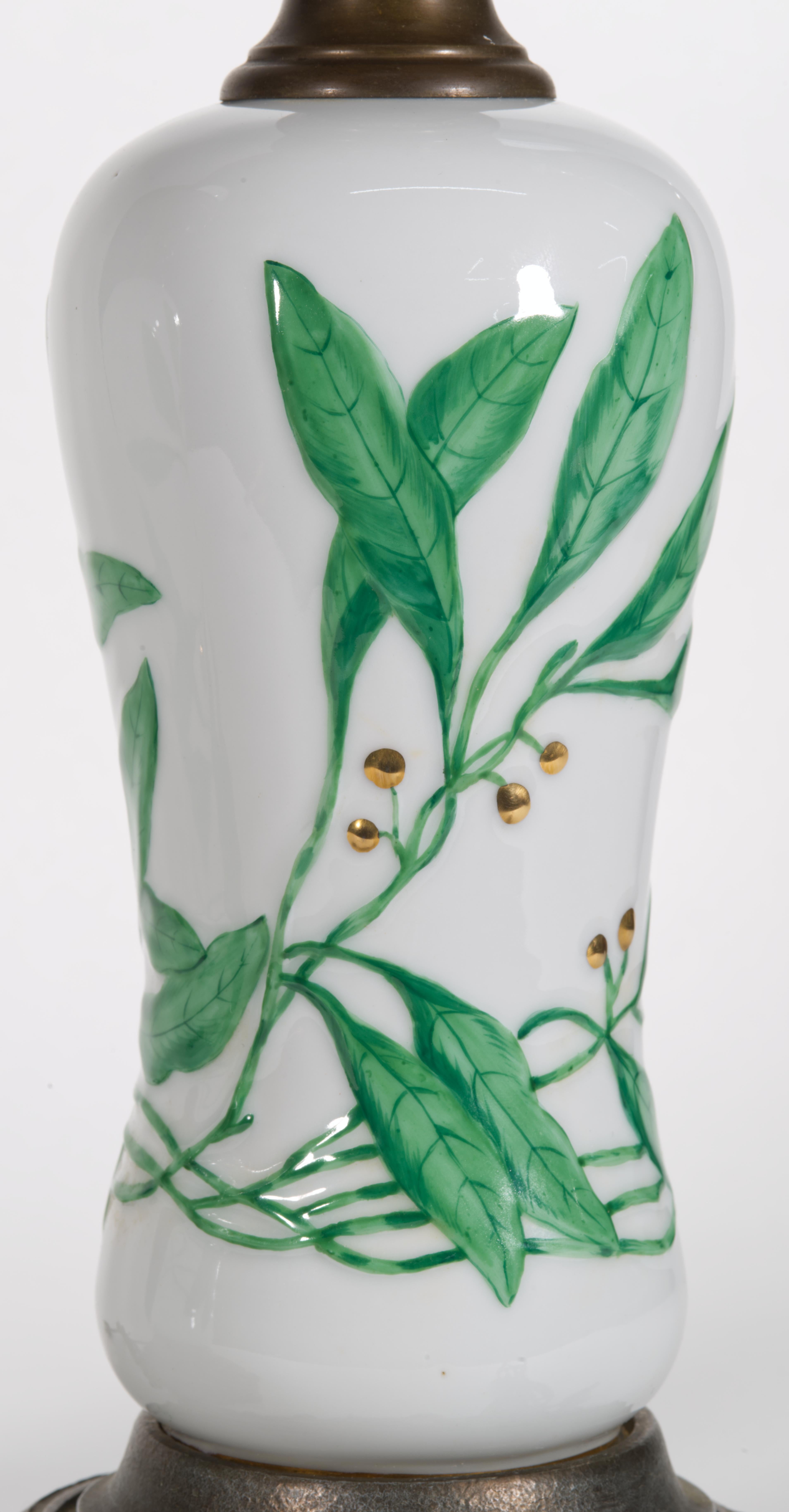 Brass Pair of Herend Hand-painted Art Deco Porcelain Table Lamps For Sale