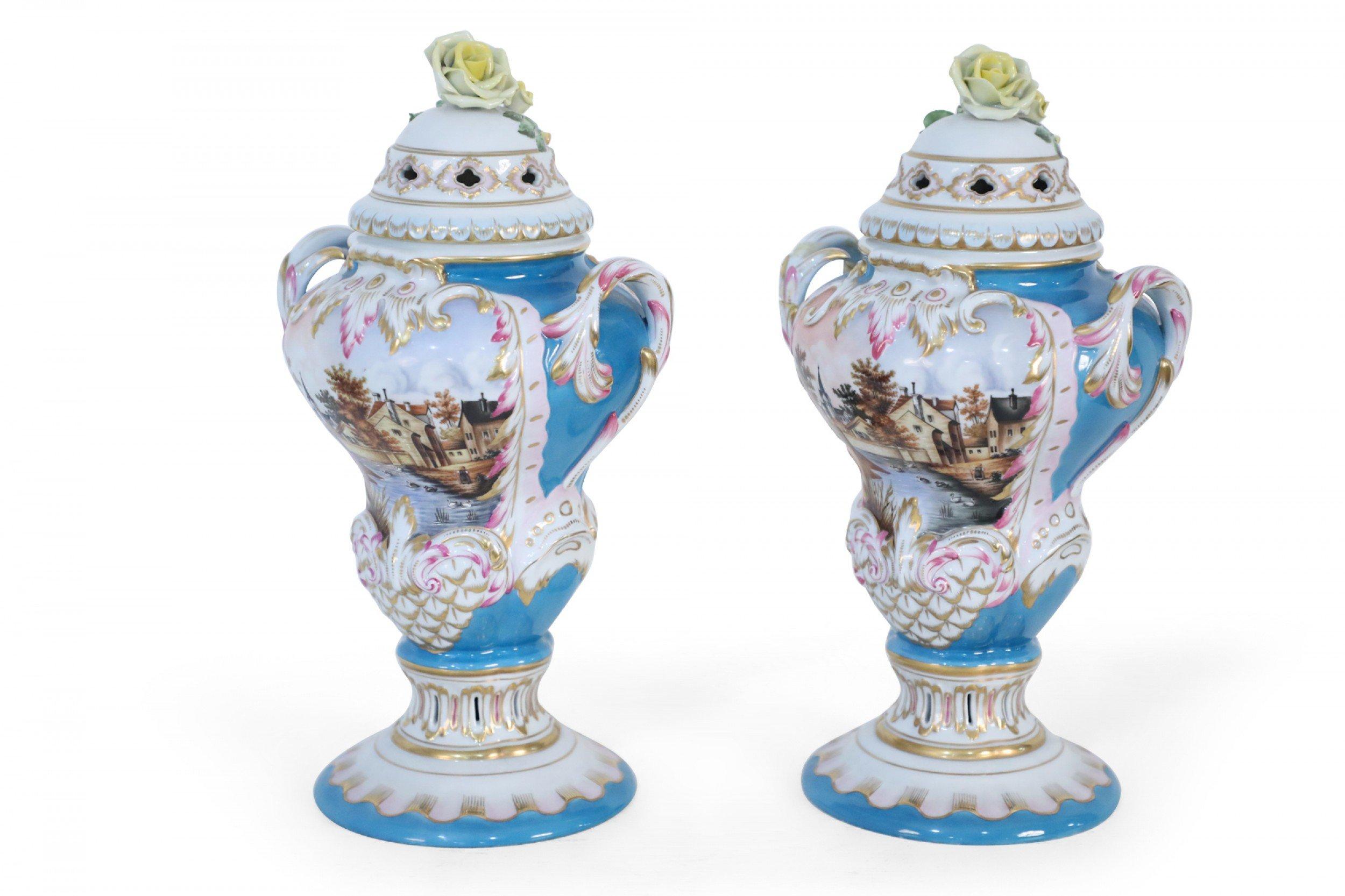 Rococo Pair of Herend Hungarian Blue Decorated and Lidded Porcelain Urns For Sale