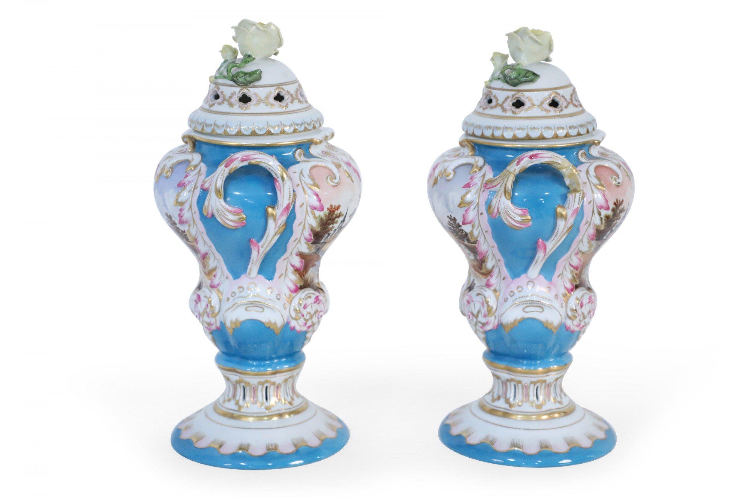 20th Century Pair of Herend Hungarian Blue Decorated and Lidded Porcelain Urns For Sale