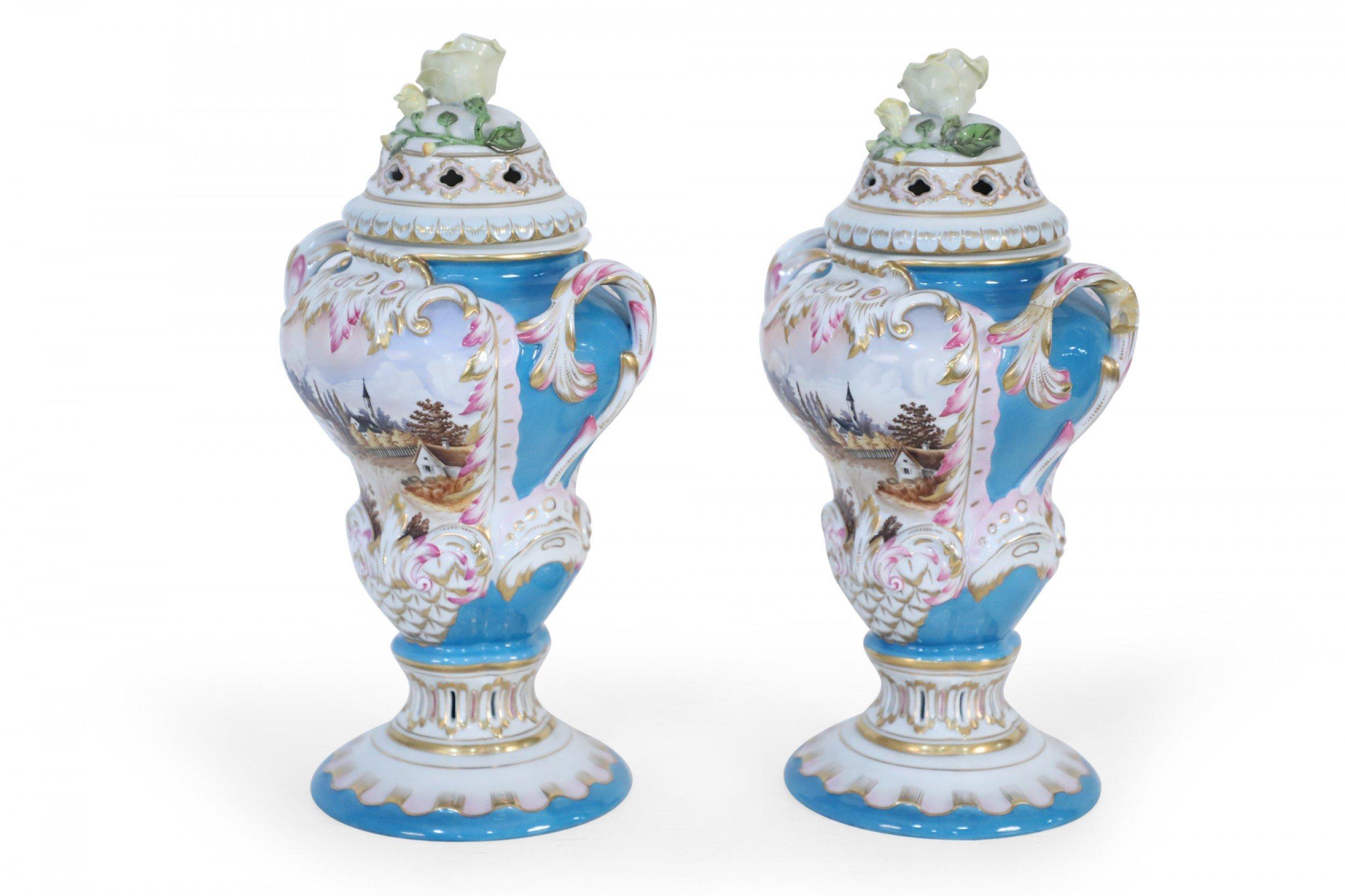 Pair of Herend Hungarian Blue Decorated and Lidded Porcelain Urns For Sale 1