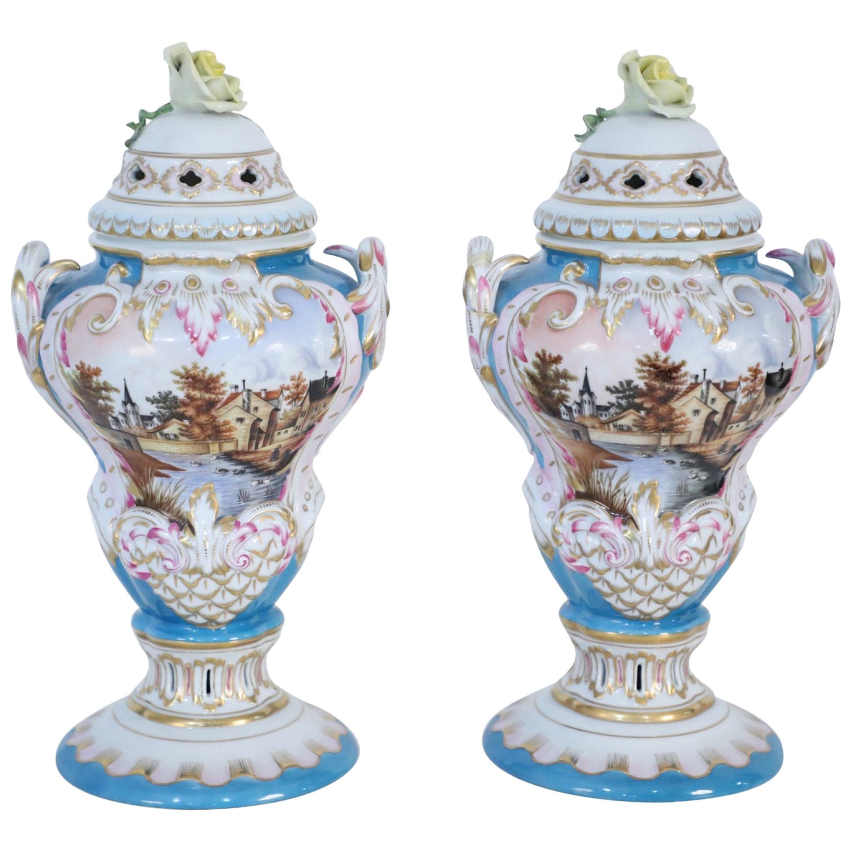 Pair of Herend Hungarian Blue Decorated and Lidded Porcelain Urns For Sale