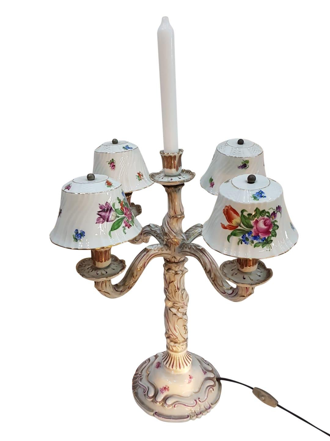 Pair of Herend Porcelain Candelabras, Hand Painted, 1920 For Sale 1