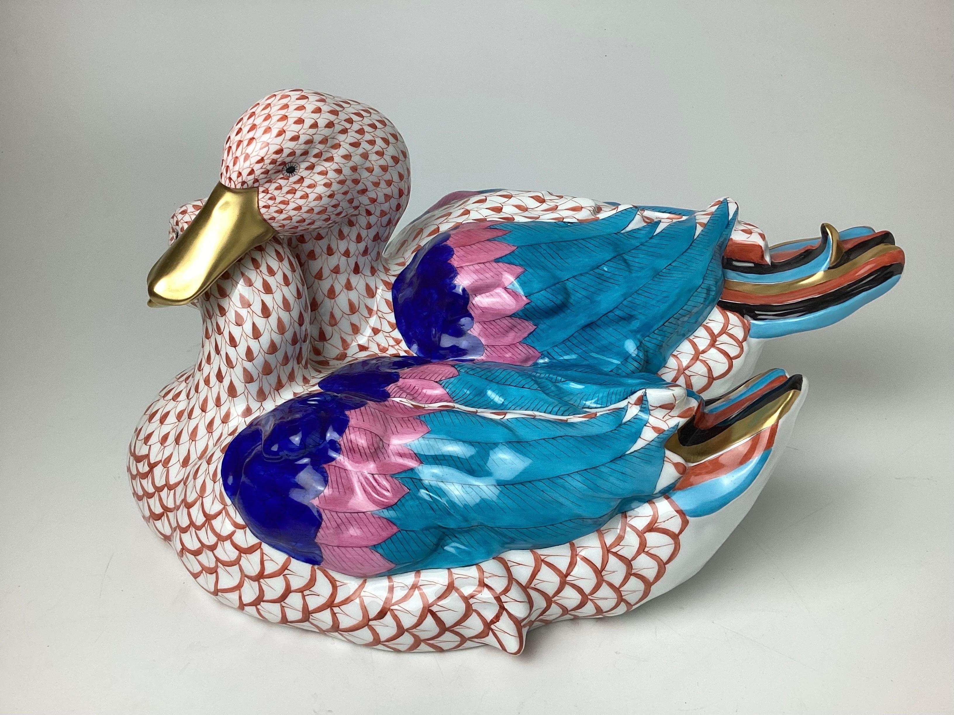 Hungarian Pair of Herend Porcelain Hand Painted Large Size Ducks For Sale