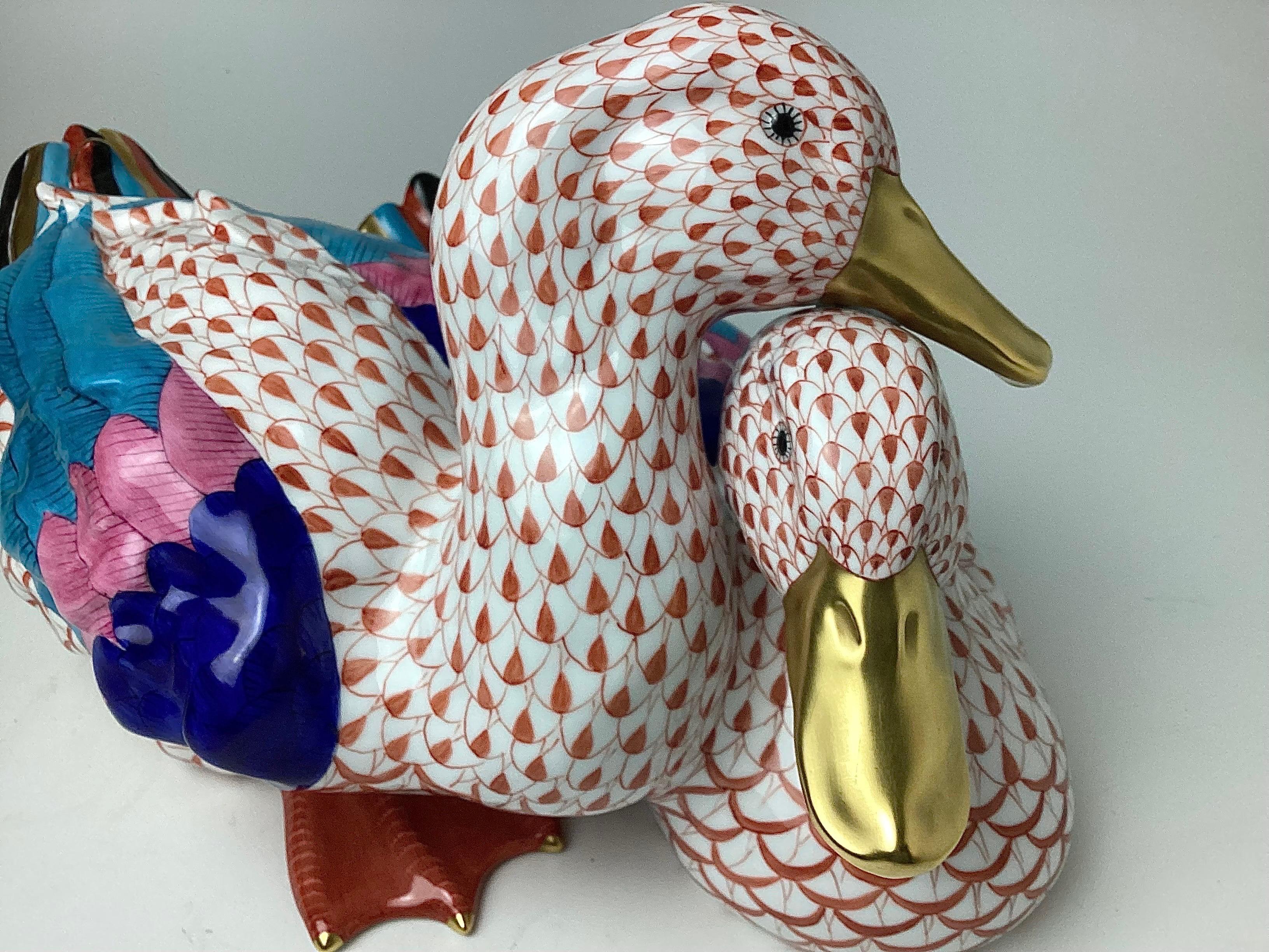 Hand-Painted Pair of Herend Porcelain Hand Painted Large Size Ducks For Sale