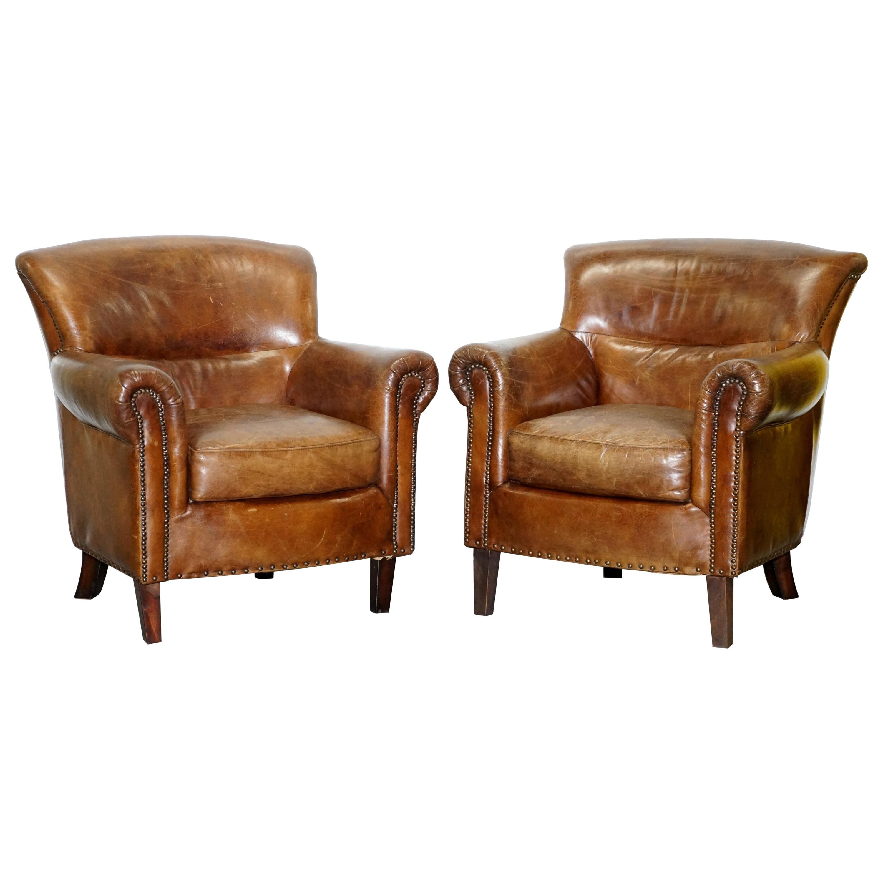 Pair of Heritage Brown Leather Vintage Style Club Armchairs Nice Good Looking