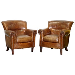 Pair of Heritage Brown Leather Vintage Style Club Armchairs Nice Good Looking