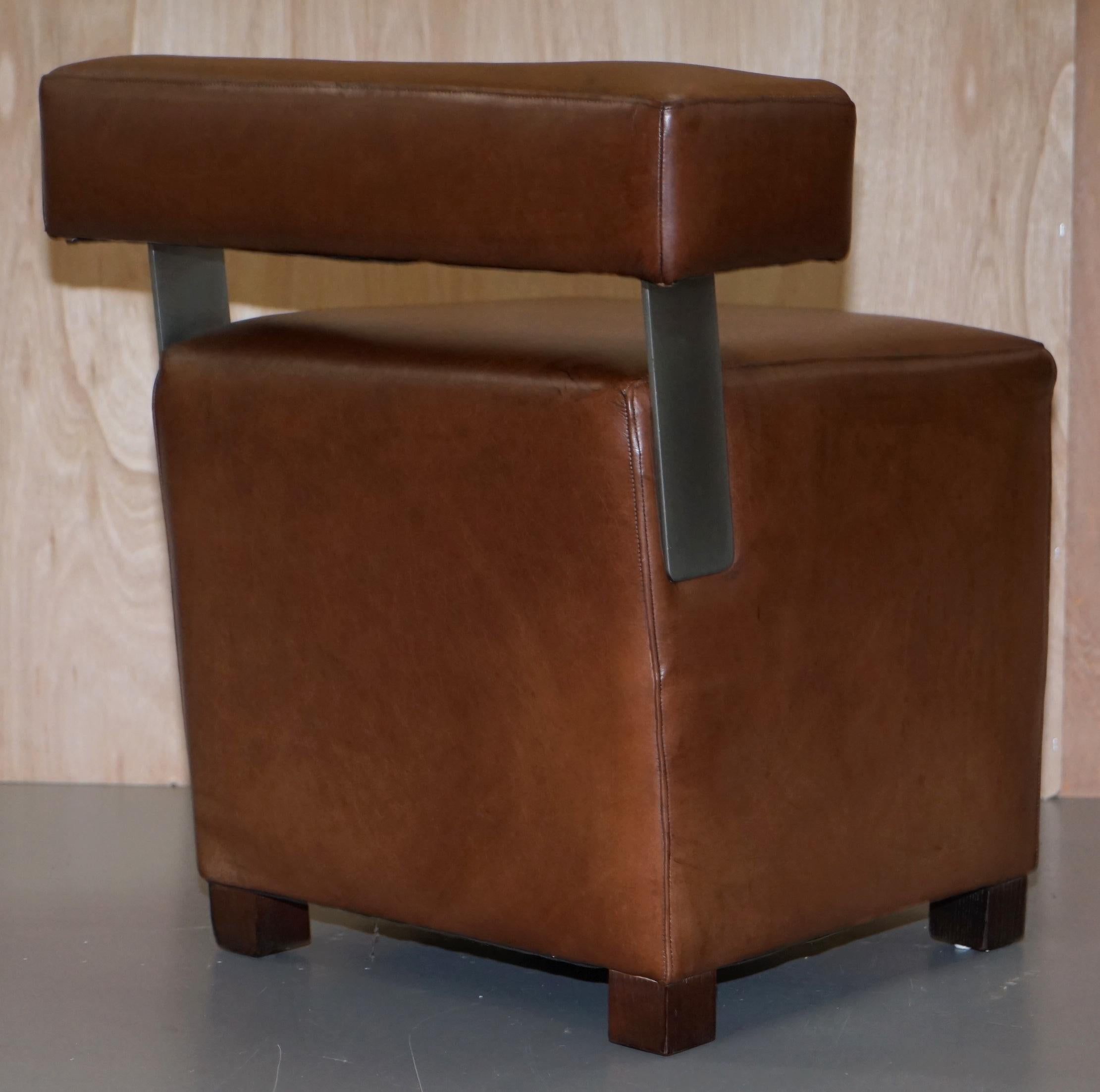 Pair of Heritage Brown Leather with Chrome Back Supports Small Chair Stools 5