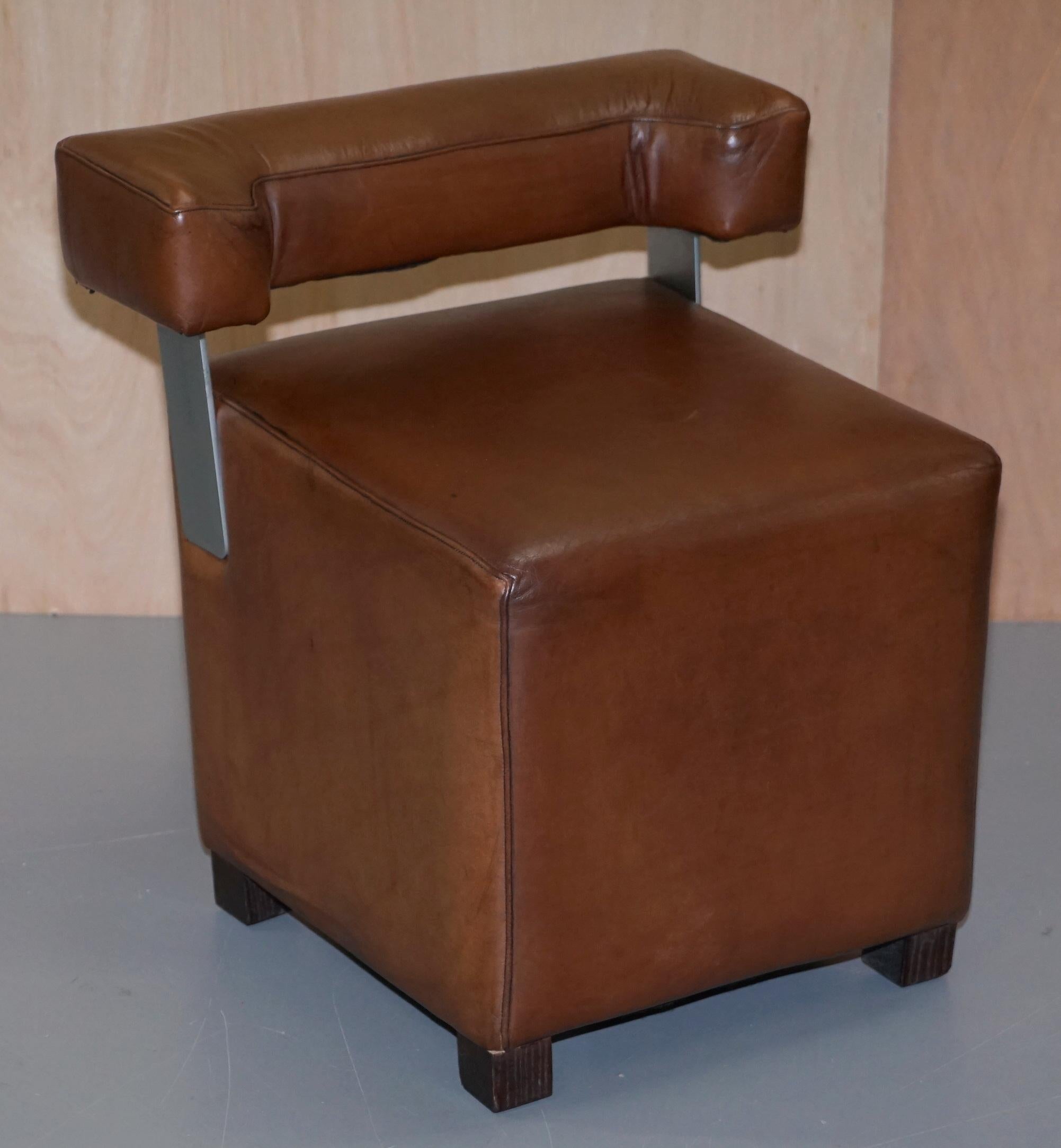 Pair of Heritage Brown Leather with Chrome Back Supports Small Chair Stools 6