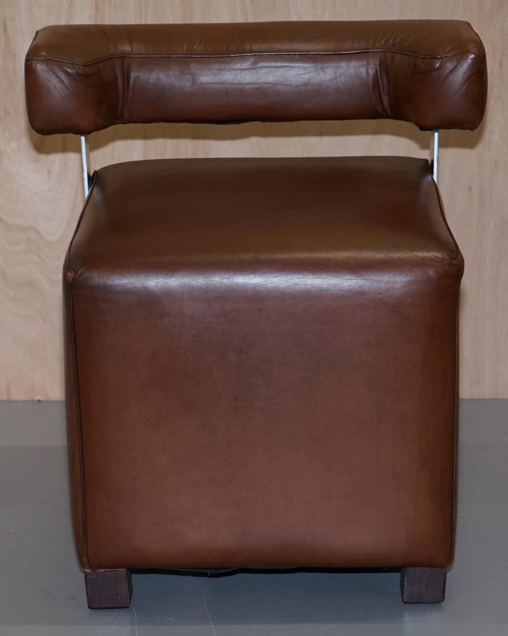 Pair of Heritage Brown Leather with Chrome Back Supports Small Chair Stools 7