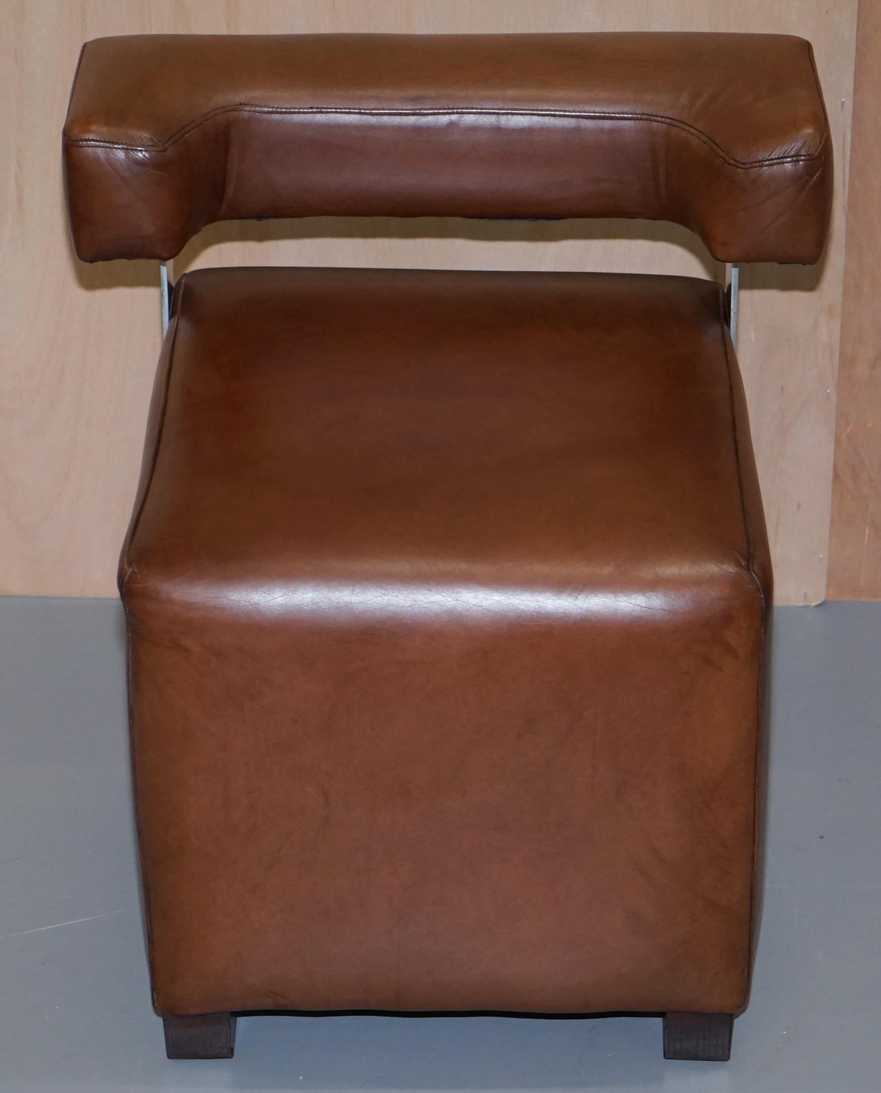 English Pair of Heritage Brown Leather with Chrome Back Supports Small Chair Stools
