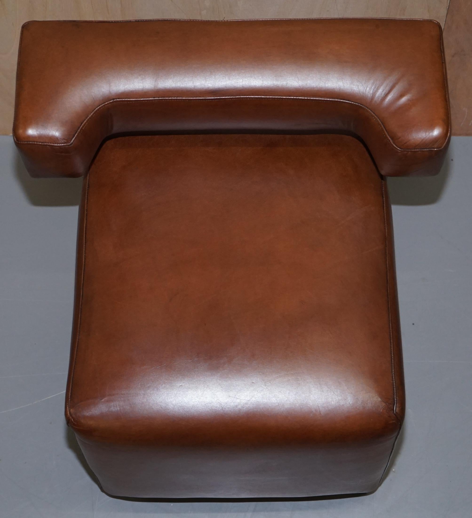 Hand-Crafted Pair of Heritage Brown Leather with Chrome Back Supports Small Chair Stools