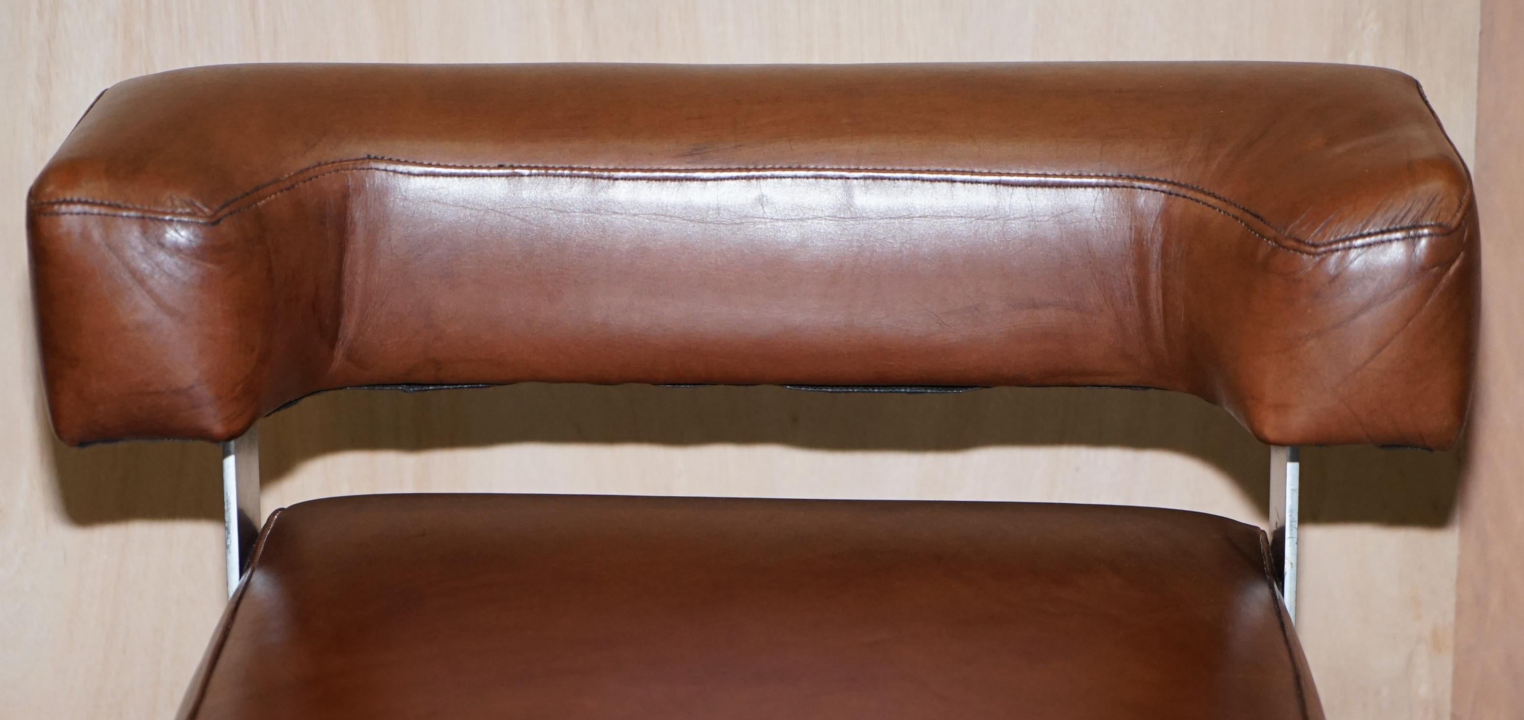 Pair of Heritage Brown Leather with Chrome Back Supports Small Chair Stools 2