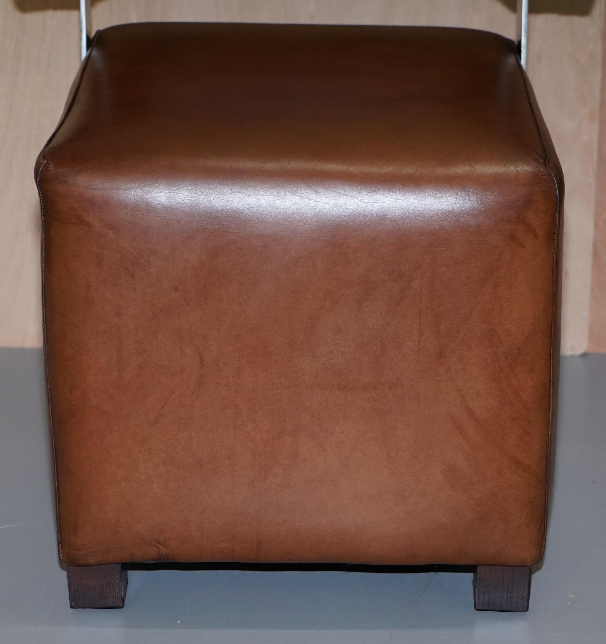 Pair of Heritage Brown Leather with Chrome Back Supports Small Chair Stools 3