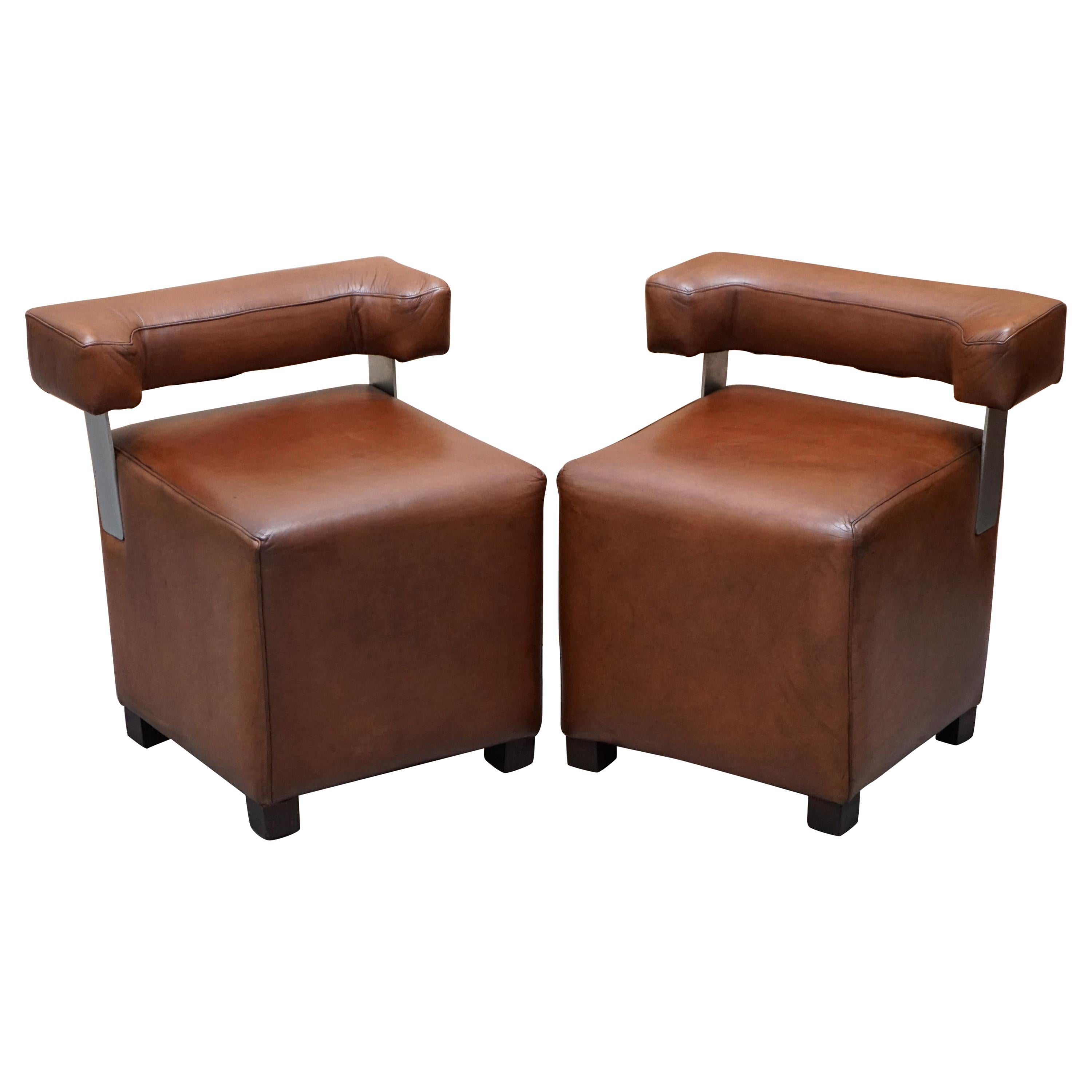 Pair of Heritage Brown Leather with Chrome Back Supports Small Chair Stools