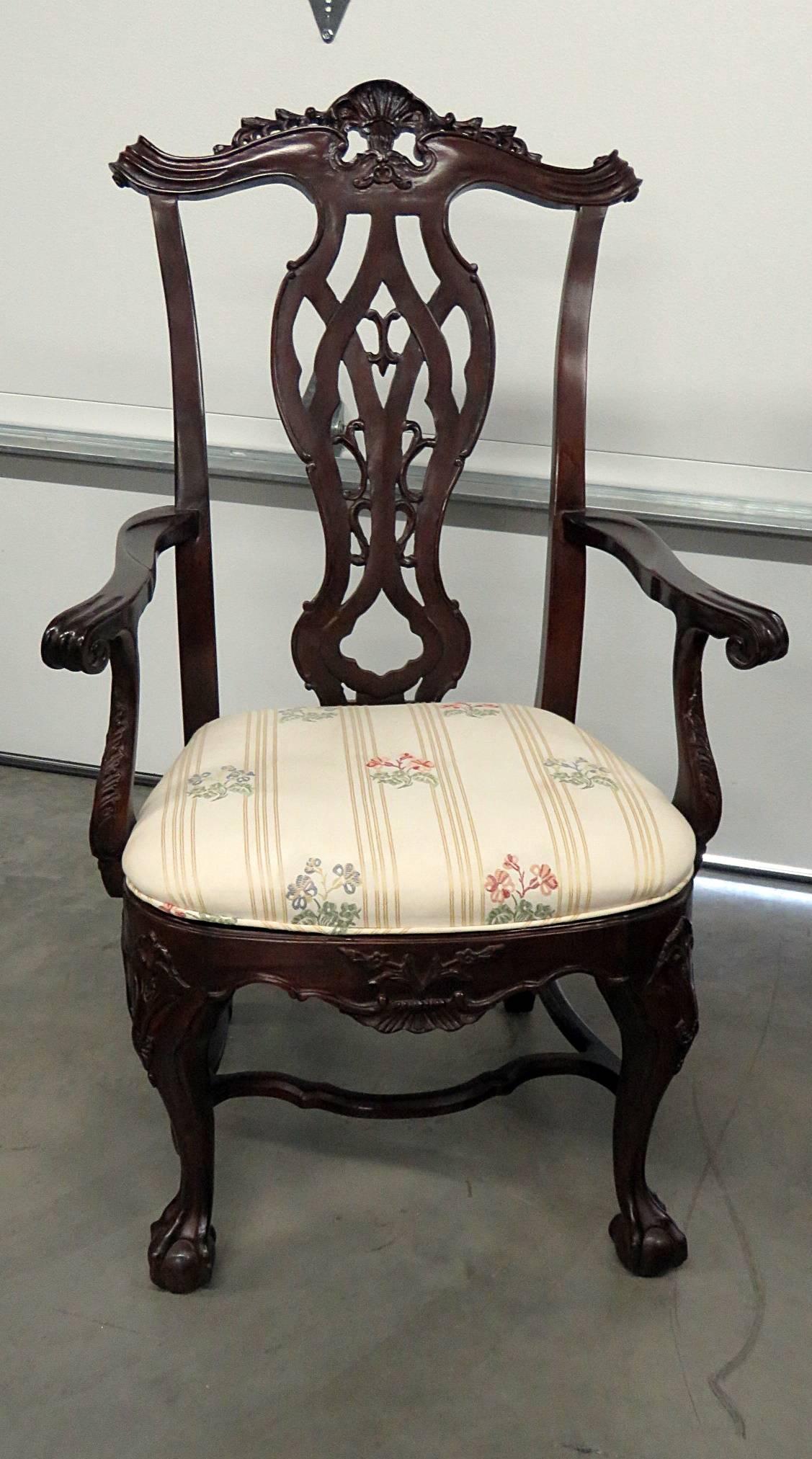 Pair of Heritage, Biltmore Estate collection, Georgian style armchairs. Carved wood with ball and claw feet. Measures: 20