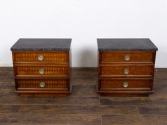 Pair of Heritage Midcentury Walnut Nightstands with Stone Tops
