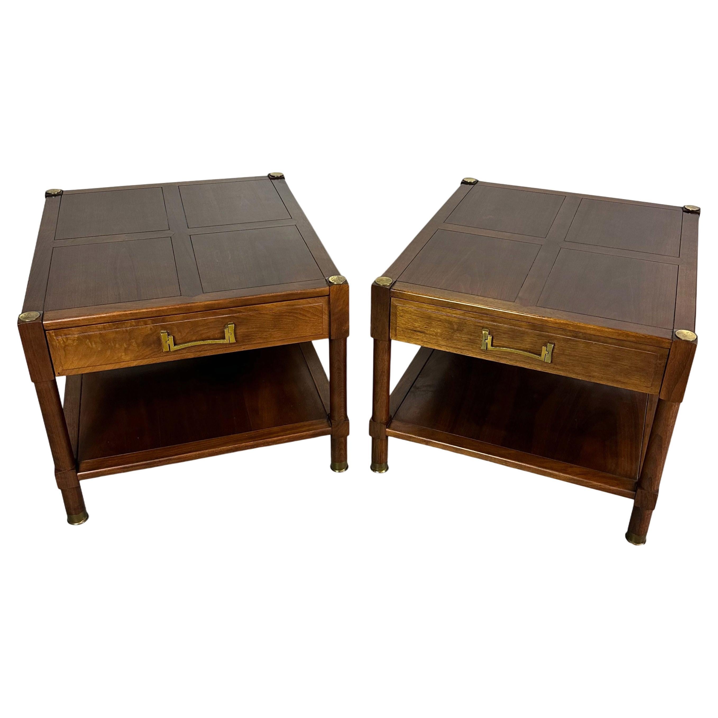 Pair of Heritage "Ming" Nightstands in Walnut with Brass Accents Mid Century