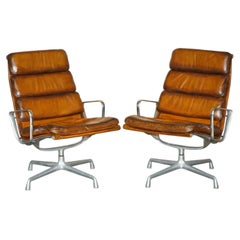PAIR OF HERMAN MILLER 1977 CHANEL NYC SOFT PAD HAND DYED LEATHER EA216 ARMCHAIRs