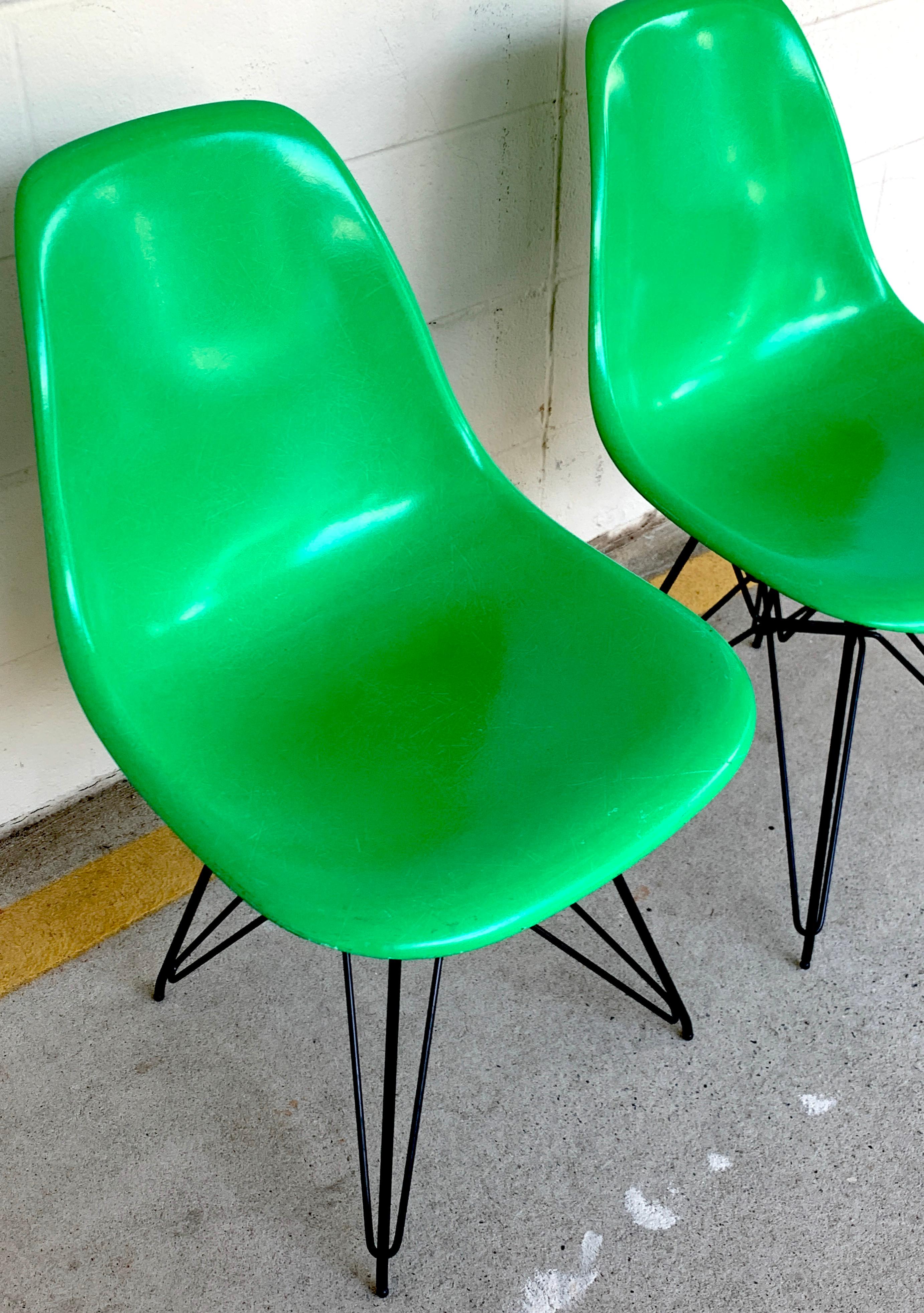 Modern Pair of Herman Miller Eames Eiffel Tower Green Shell Chairs