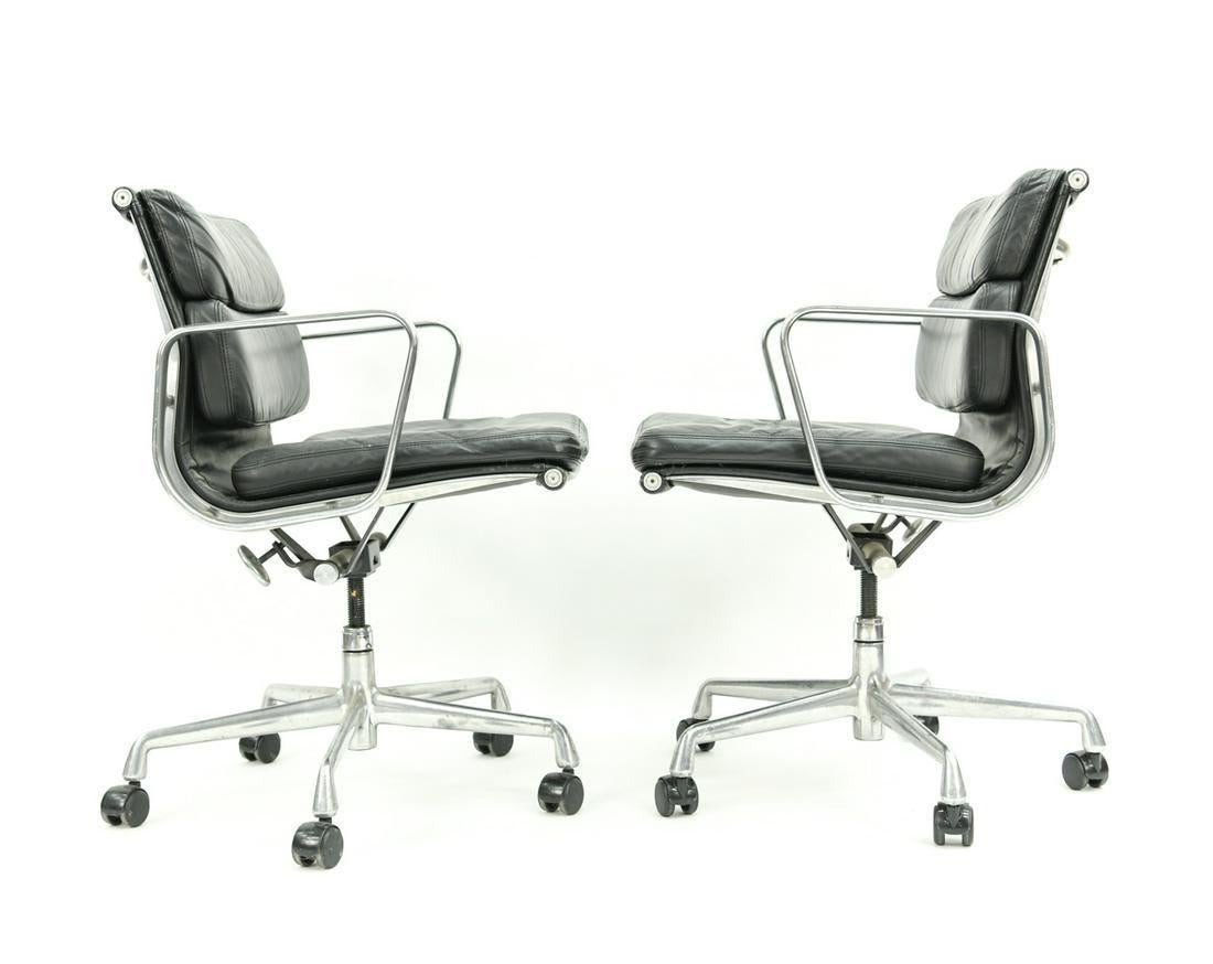Pair of adjustable Herman Miller soft pad office chairs in black leather, great condition. Can be sold individually or as a pair, each chair is $2250.