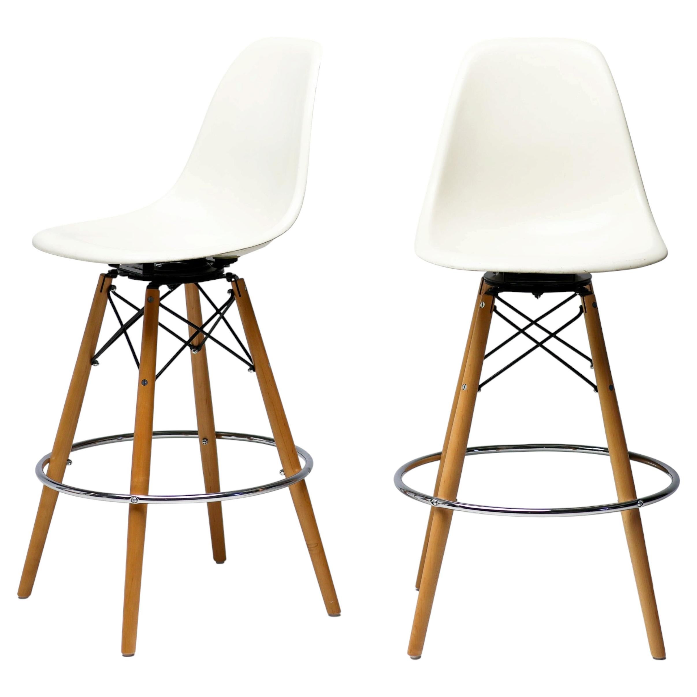Pair of Herman Miller White Fiberglass Charles & Ray Eames "PSW" Barstools For Sale