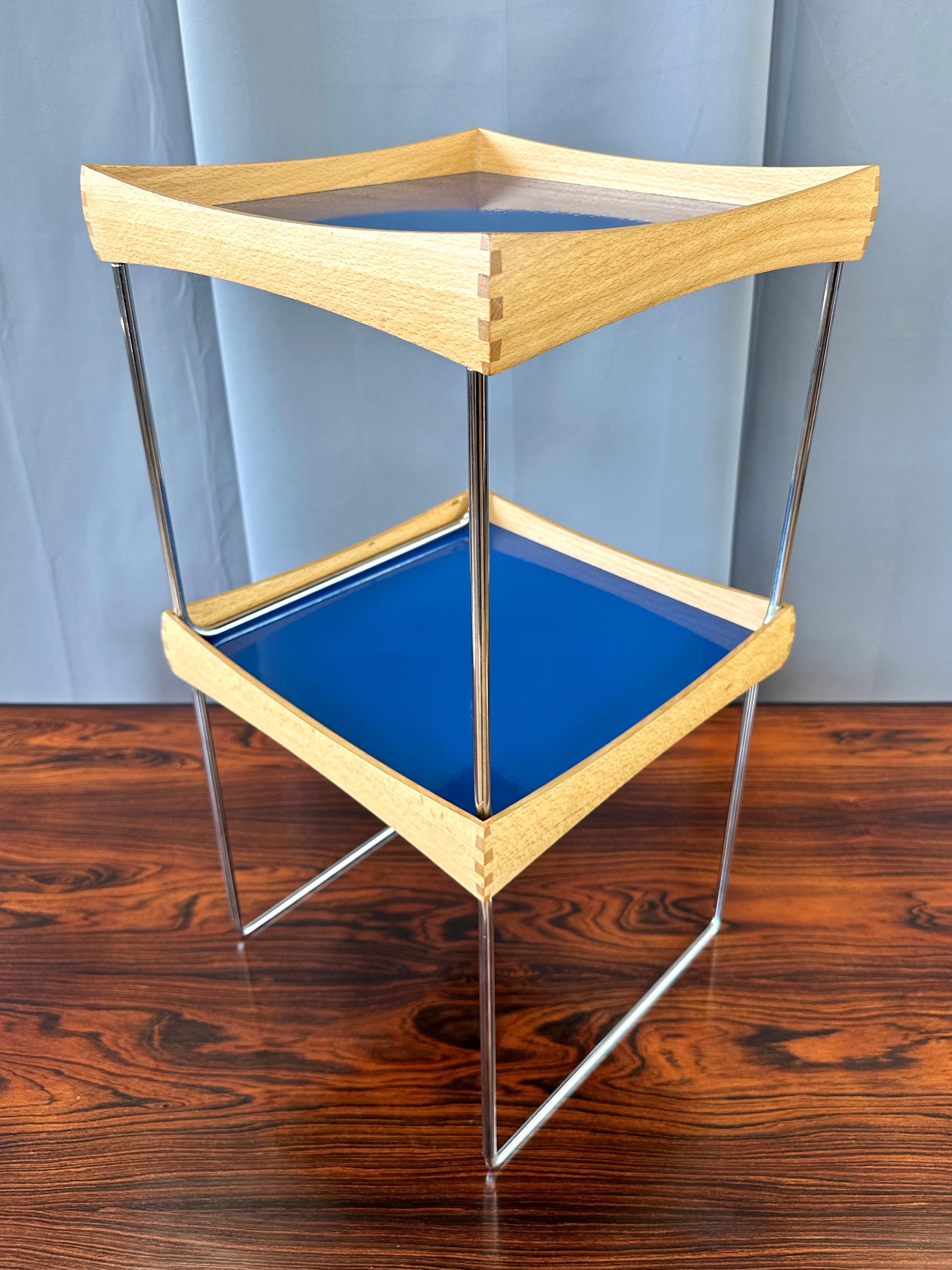 Pair of Hermann Bongard for Plus Conform Tray Tables in Beech and Blue, 1961 2