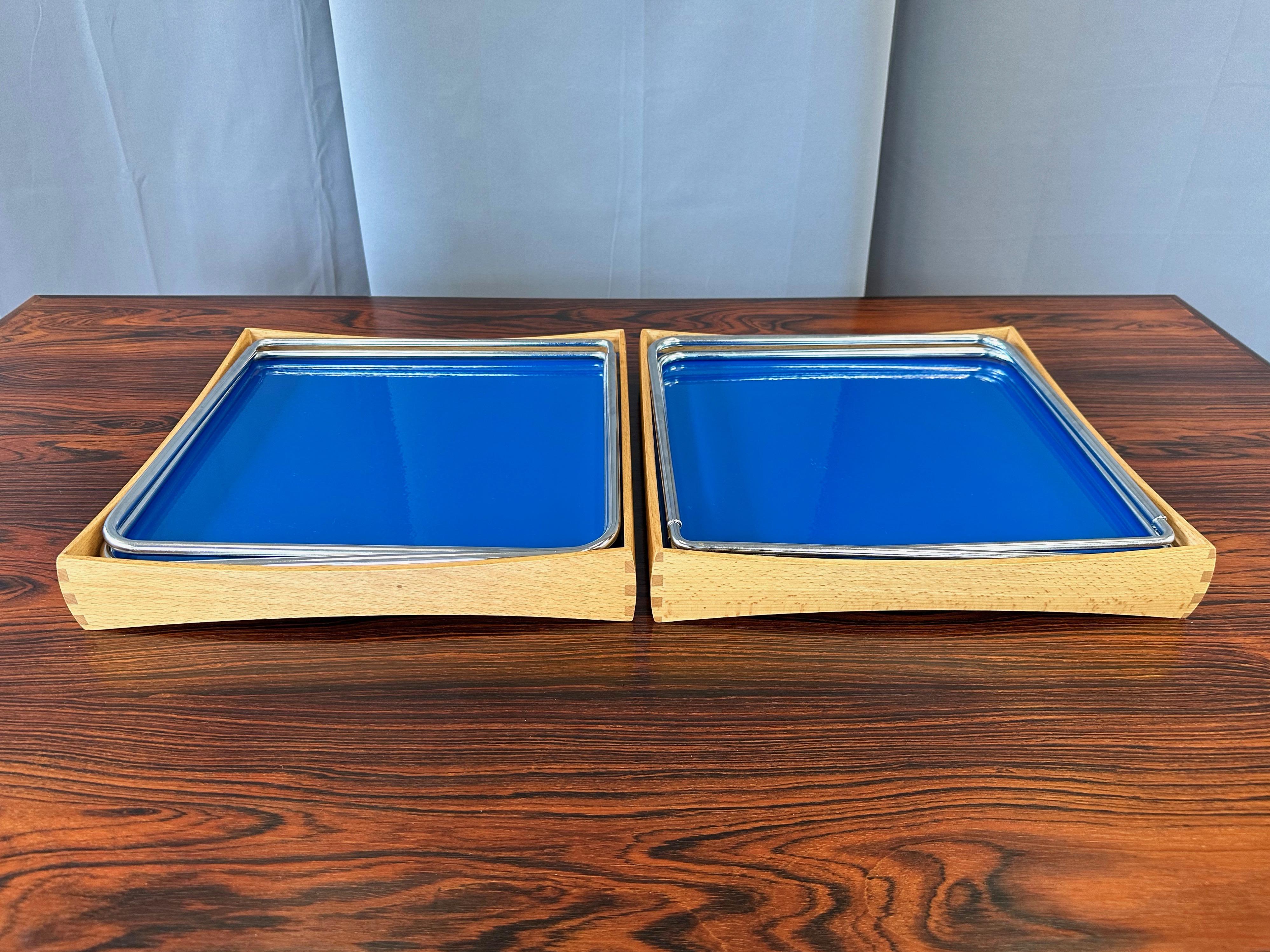 Pair of Hermann Bongard for Plus Conform Tray Tables in Beech and Blue, 1961 5