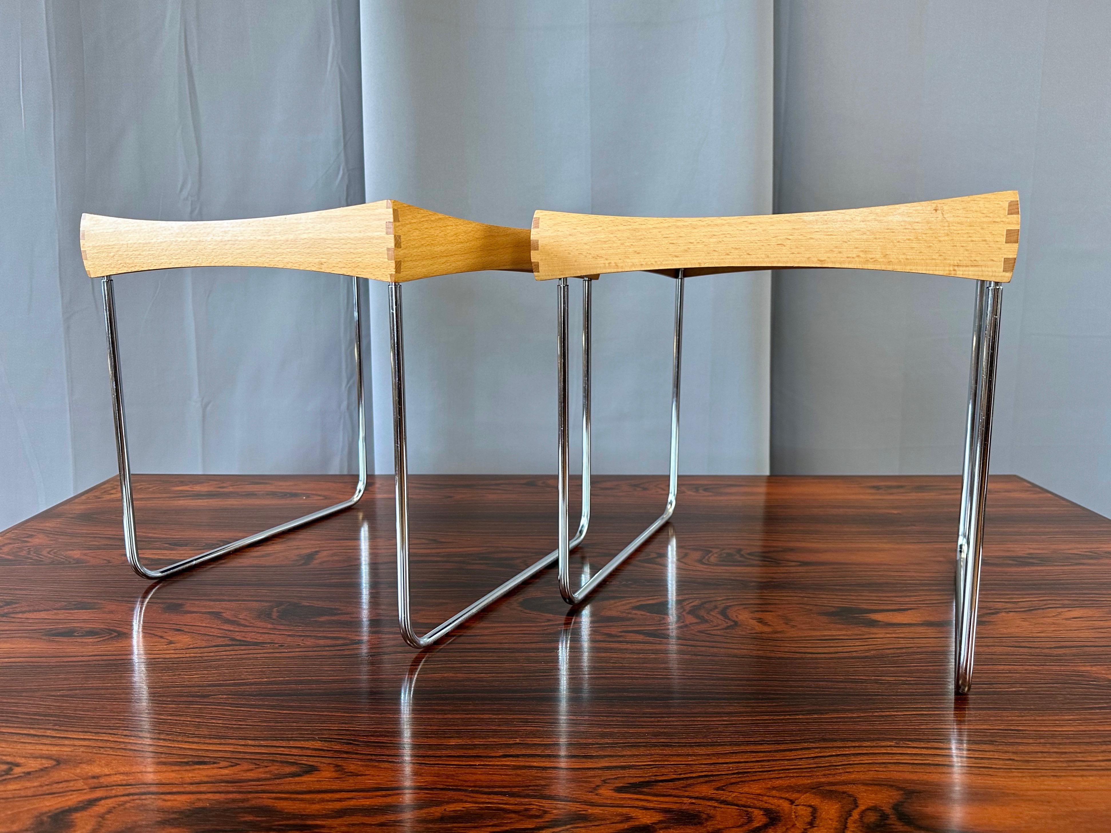 Scandinavian Modern Pair of Hermann Bongard for Plus Conform Tray Tables in Beech and Blue, 1961