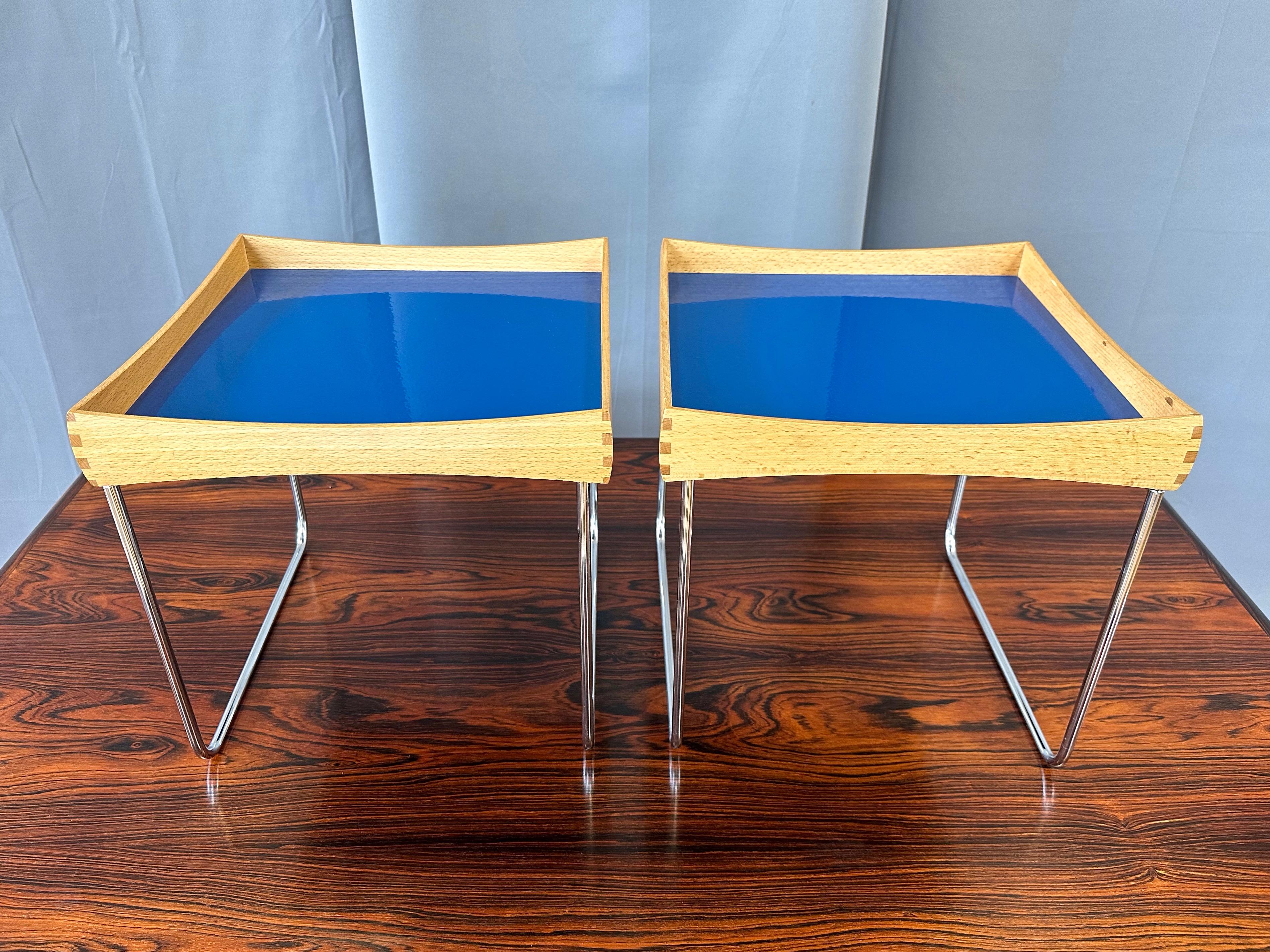 Enameled Pair of Hermann Bongard for Plus Conform Tray Tables in Beech and Blue, 1961