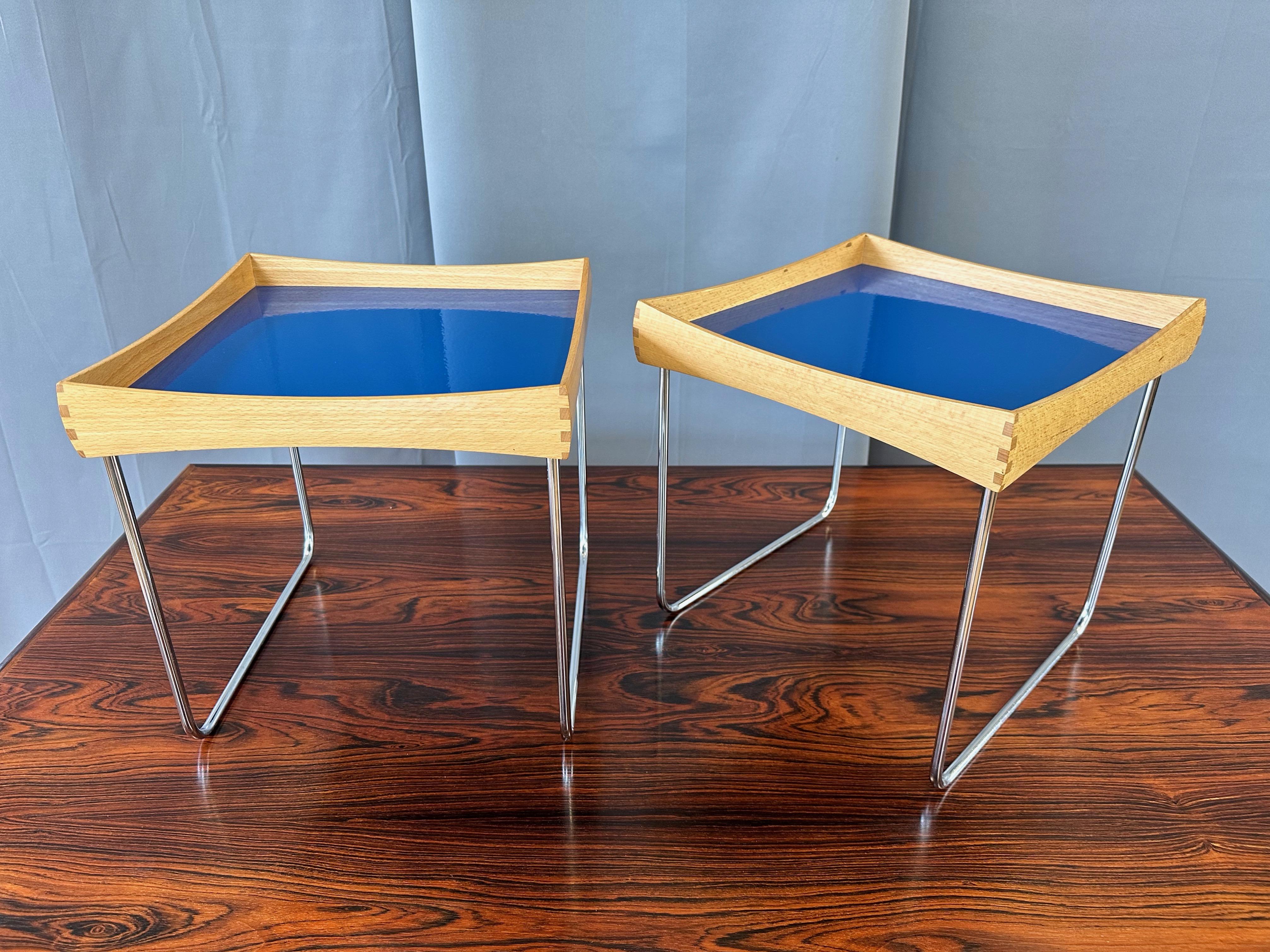 Pair of Hermann Bongard for Plus Conform Tray Tables in Beech and Blue, 1961 In Good Condition In San Francisco, CA