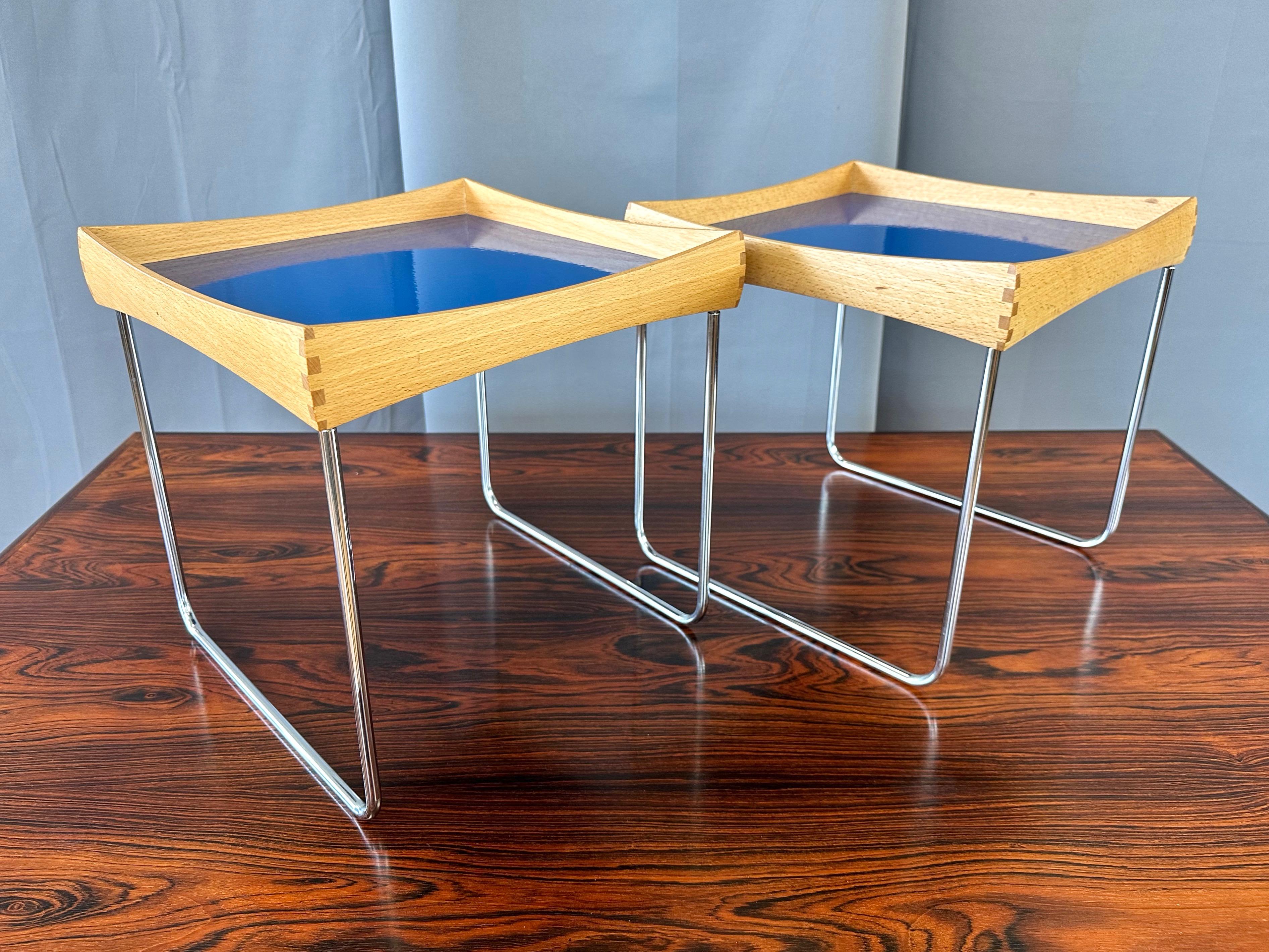 Mid-20th Century Pair of Hermann Bongard for Plus Conform Tray Tables in Beech and Blue, 1961