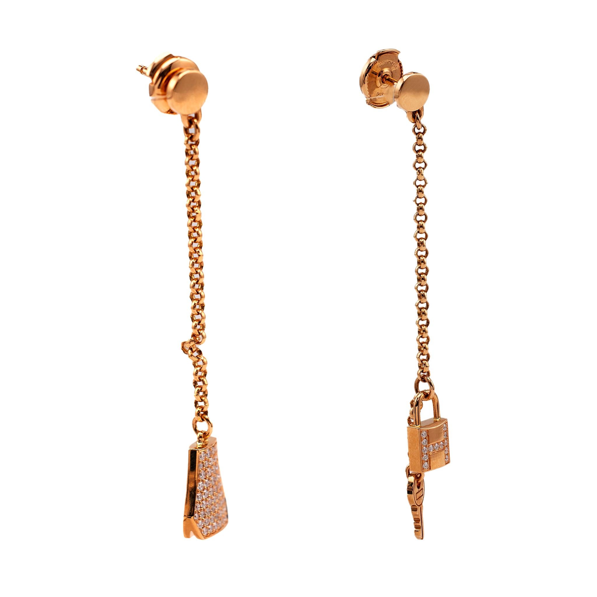 Paar französische Kelly Clochette-Ohrringe von Hermes, 18 Karat Roségold mit Diamanten im Zustand „Hervorragend“ in Beverly Hills, CA