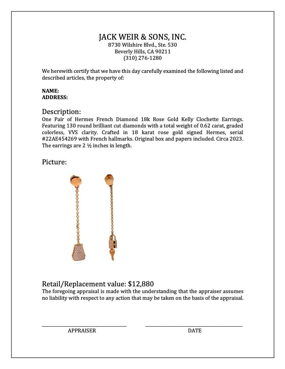 Paar französische Kelly Clochette-Ohrringe von Hermes, 18 Karat Roségold mit Diamanten 1